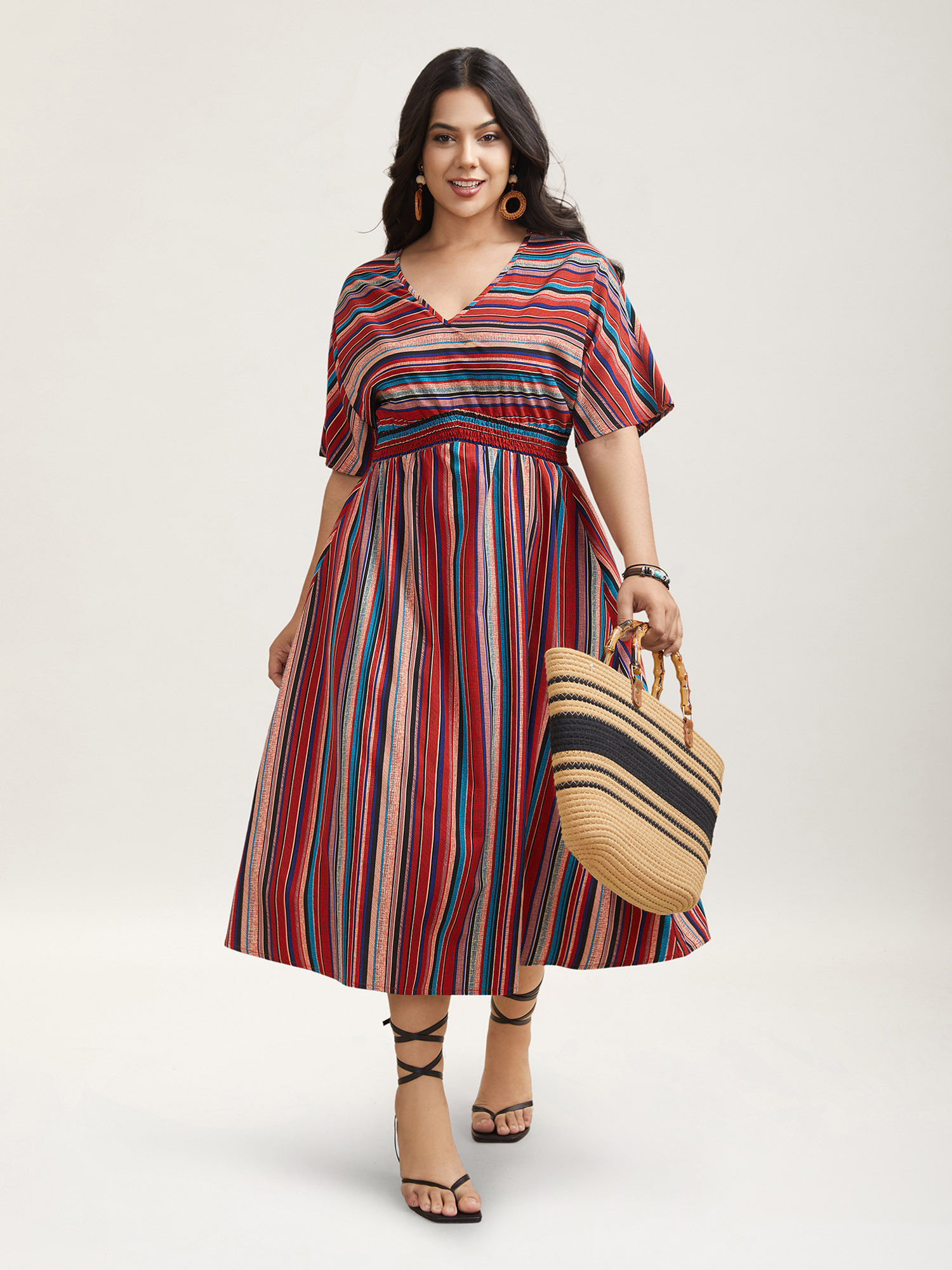Plus Size Striped Shirred V-Neck Half Sleeve Midi Dress Scarlet Women Resort Shirred V-neck Short sleeve Curvy BloomChic 10/M 