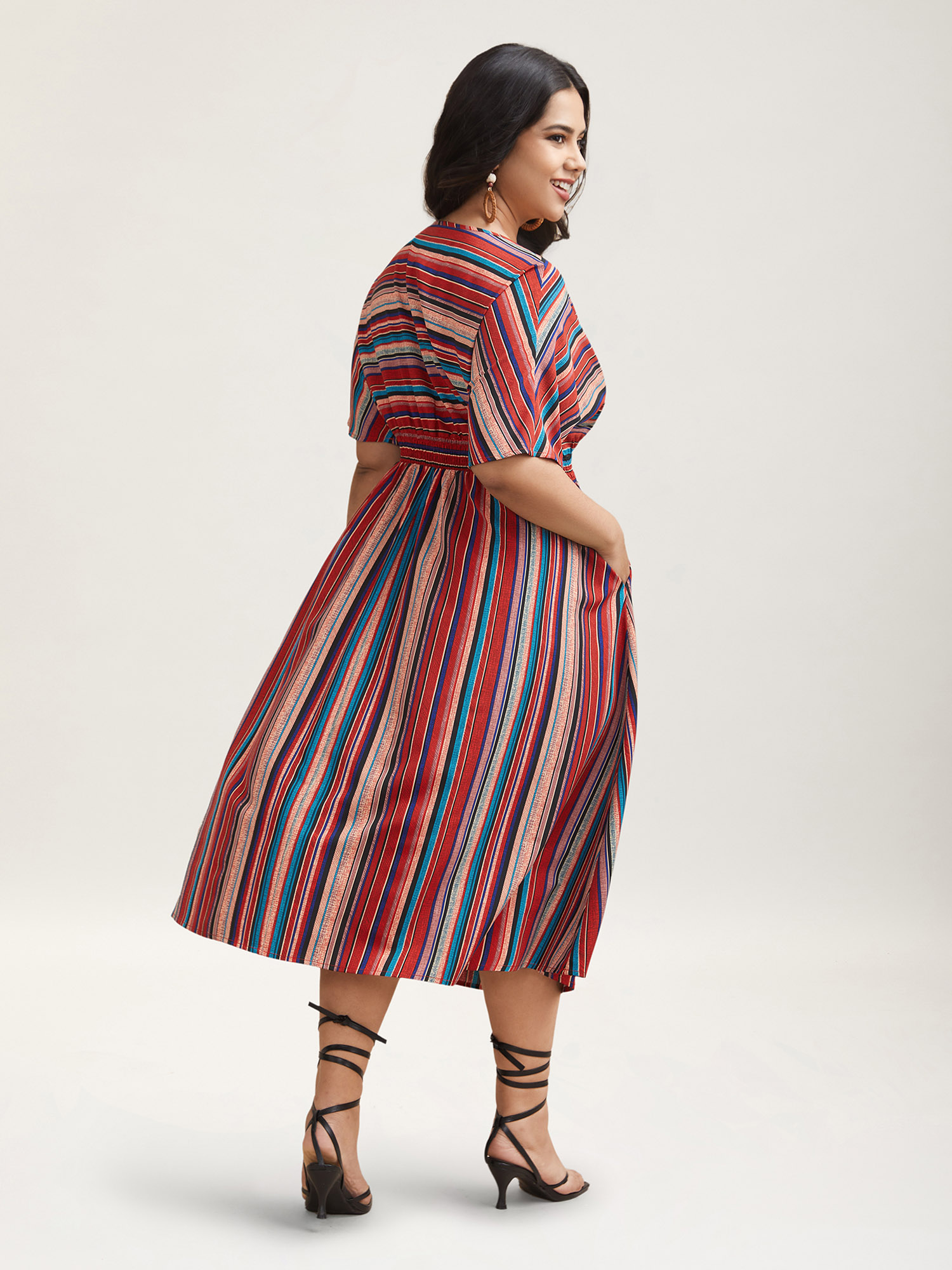 Plus Size Striped Shirred V-Neck Half Sleeve Midi Dress Scarlet Women Resort Shirred V-neck Short sleeve Curvy BloomChic 10/M 