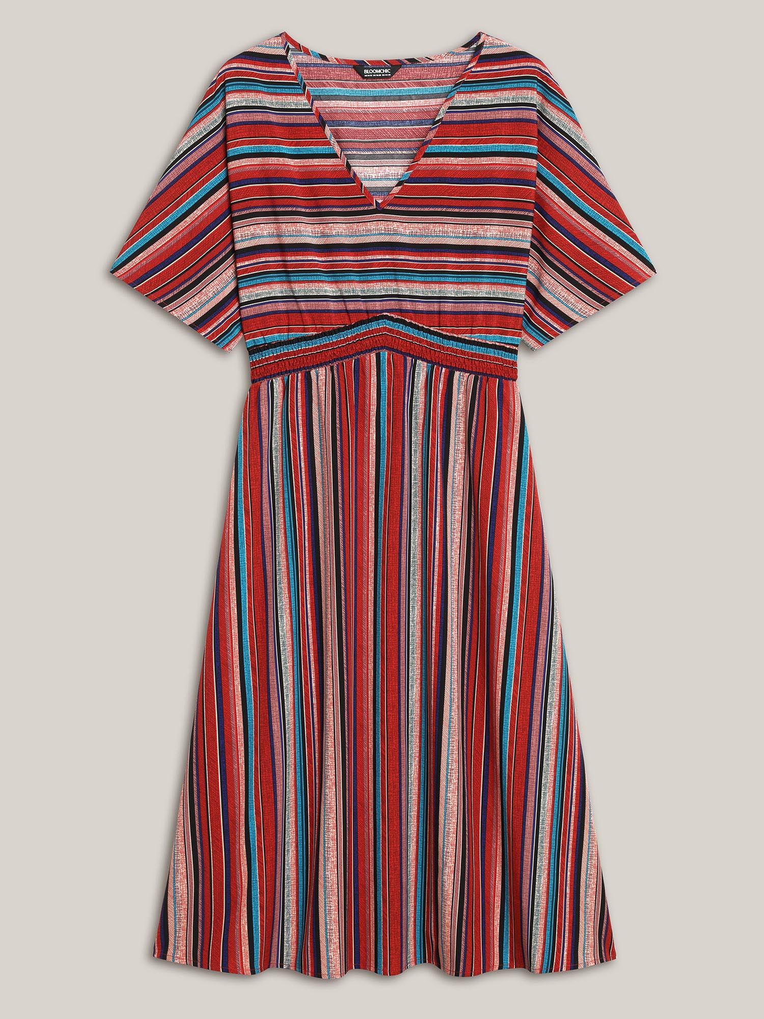 Plus Size Striped Shirred V-Neck Half Sleeve Midi Dress Scarlet Women Resort Shirred V-neck Short sleeve Curvy BloomChic 10/M 