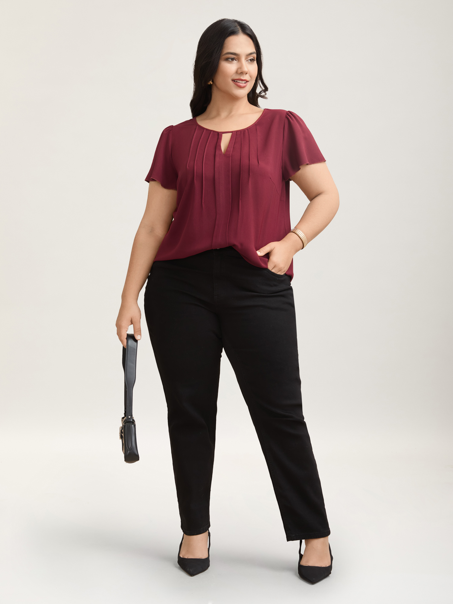 

Plus Size Scarlet Plain Neck Cut-Out Pintuck Shirt Women At the Office Short sleeve Round Neck Work Blouses BloomChic