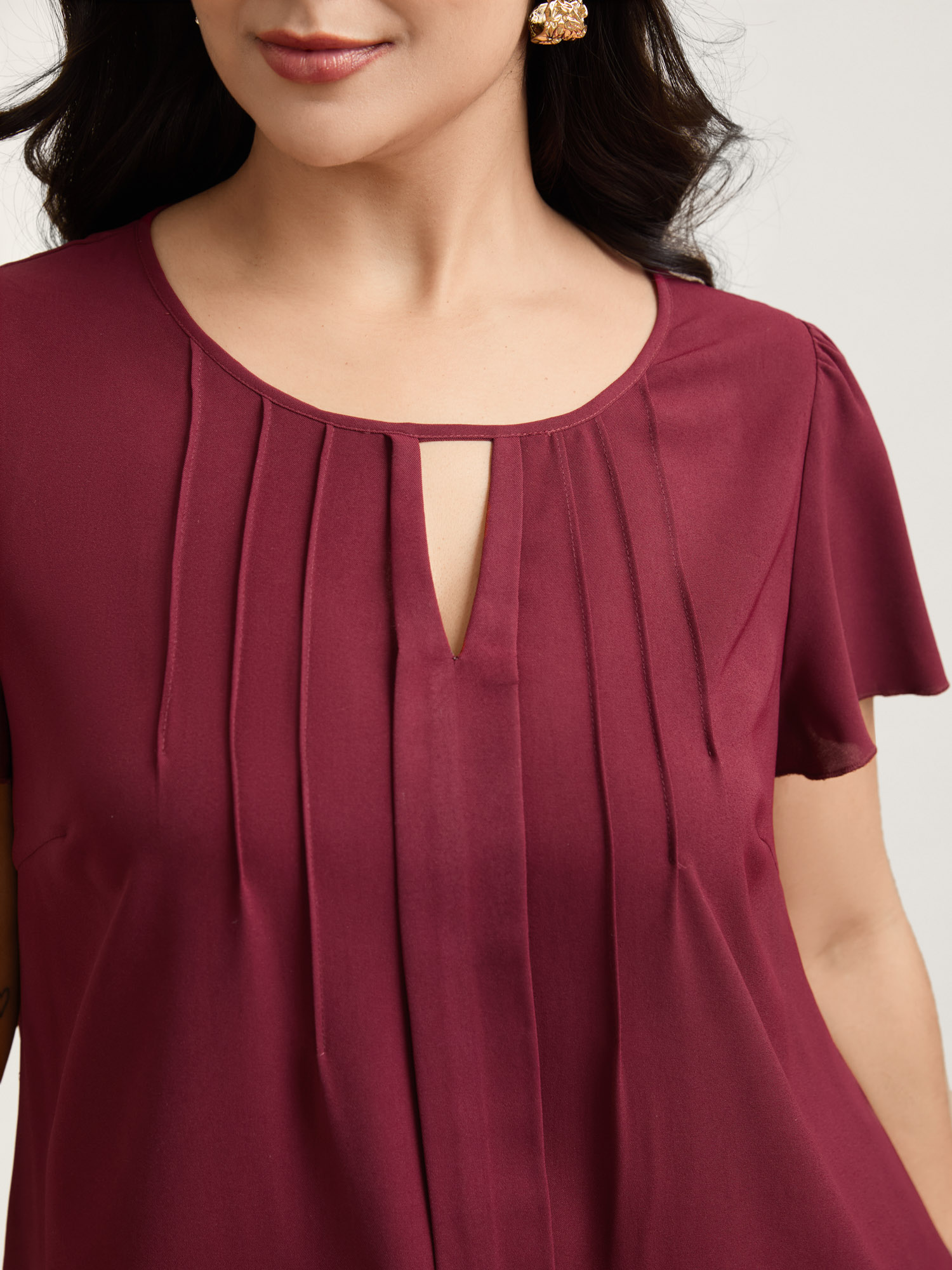 Plus Size Scarlet Plain Neck Cut-Out Pintuck Shirt Women At the Office Short sleeve Round Neck Work Blouses BloomChic 28/5X 