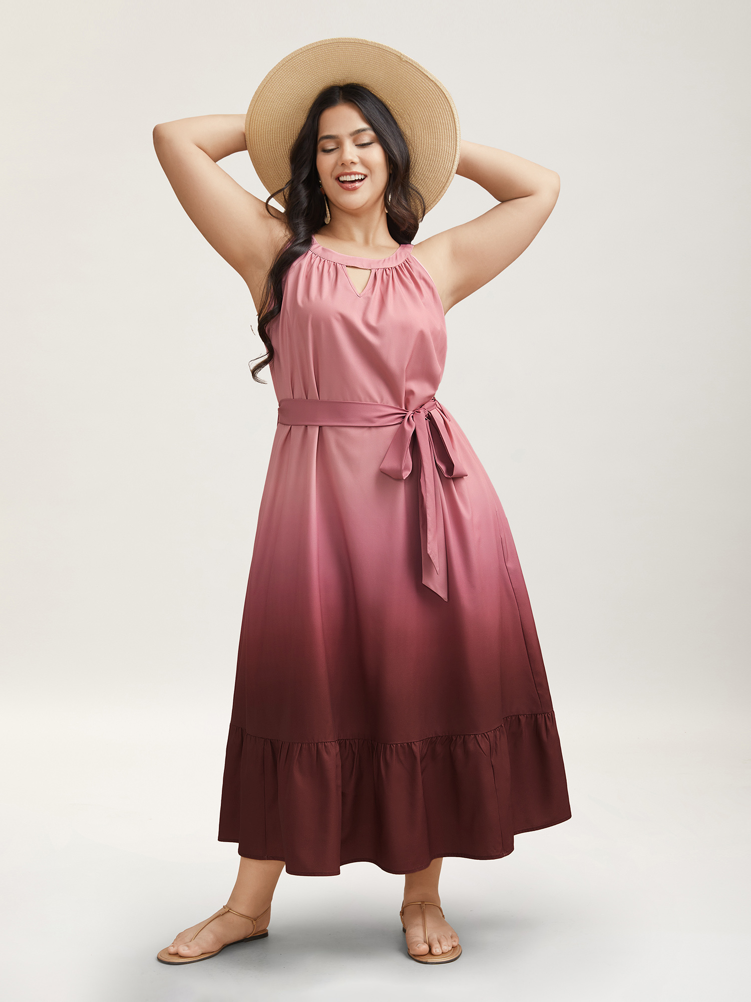 

Plus Size Ombre Gradient Waist-Tie Pockets Midi Dress Plum Women Resort Gathered Round Neck Sleeveless Curvy BloomChic