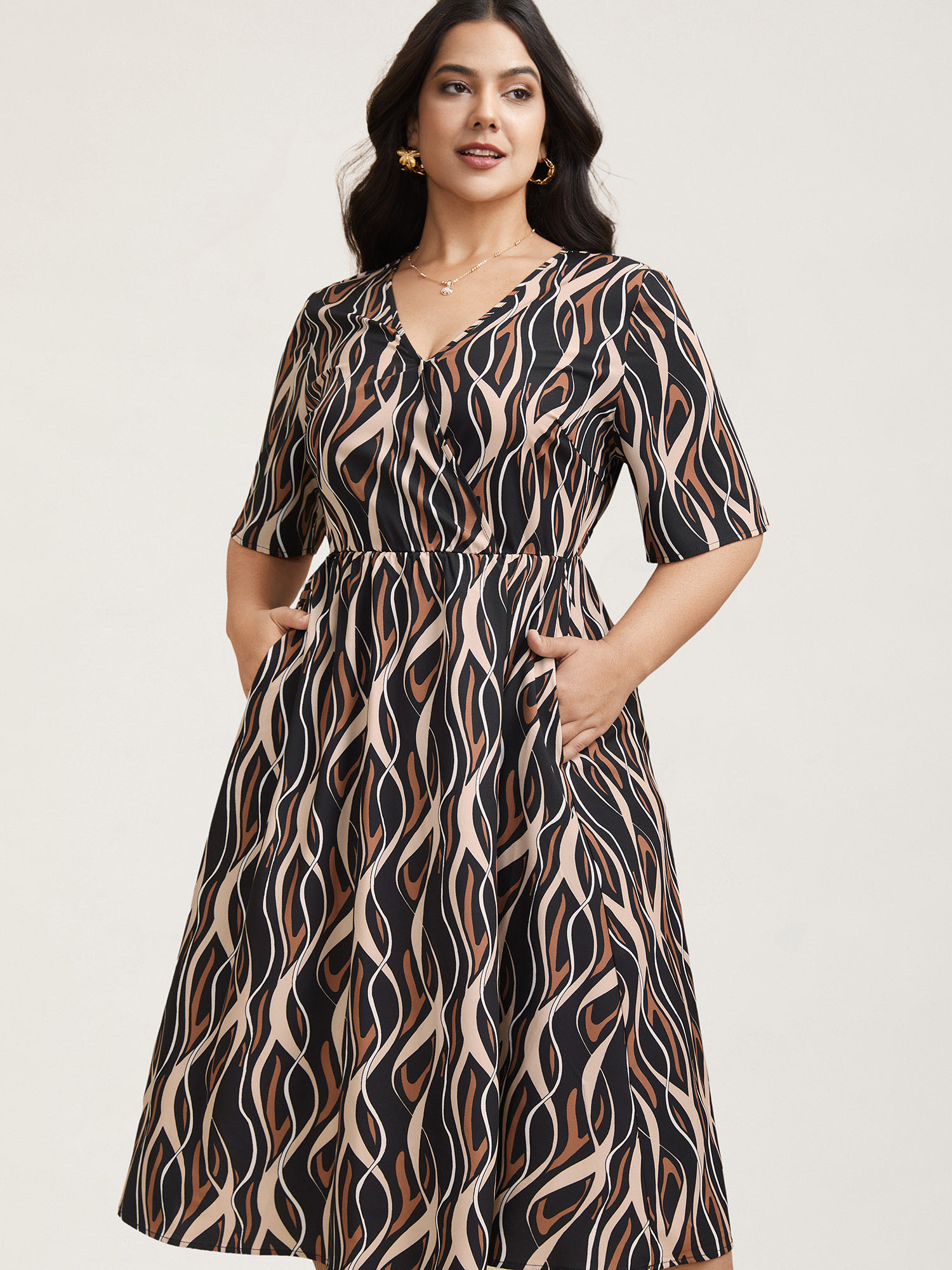 

Plus Size Abstract Print Surplice Neck Pockets Midi Dress BlackFlower Women Elegant Non Overlap Collar Short sleeve Curvy BloomChic