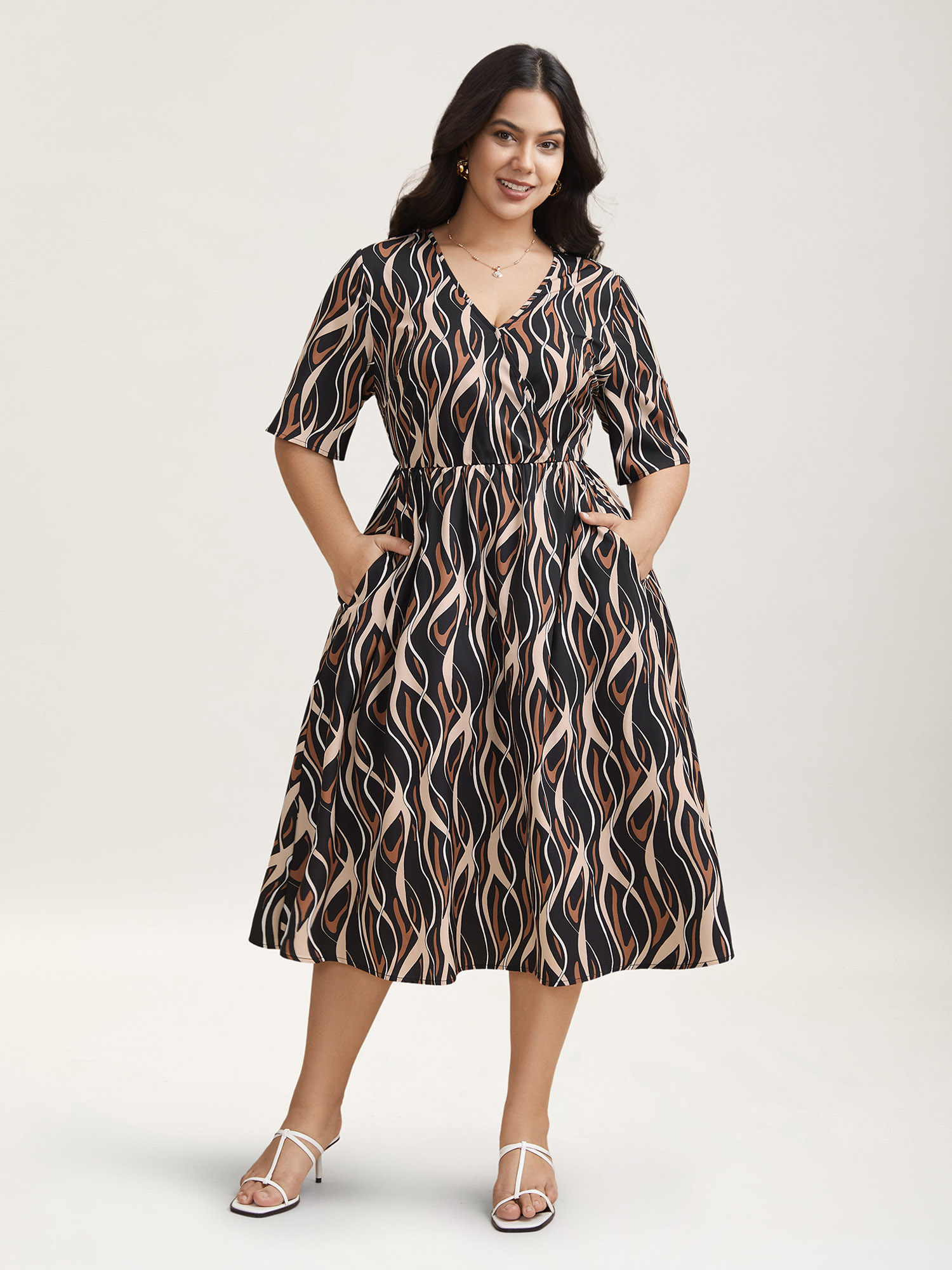 Plus Size Abstract Print Surplice Neck Pockets Midi Dress BlackFlower Women Elegant Non Overlap Collar Short sleeve Curvy BloomChic 26/4X 