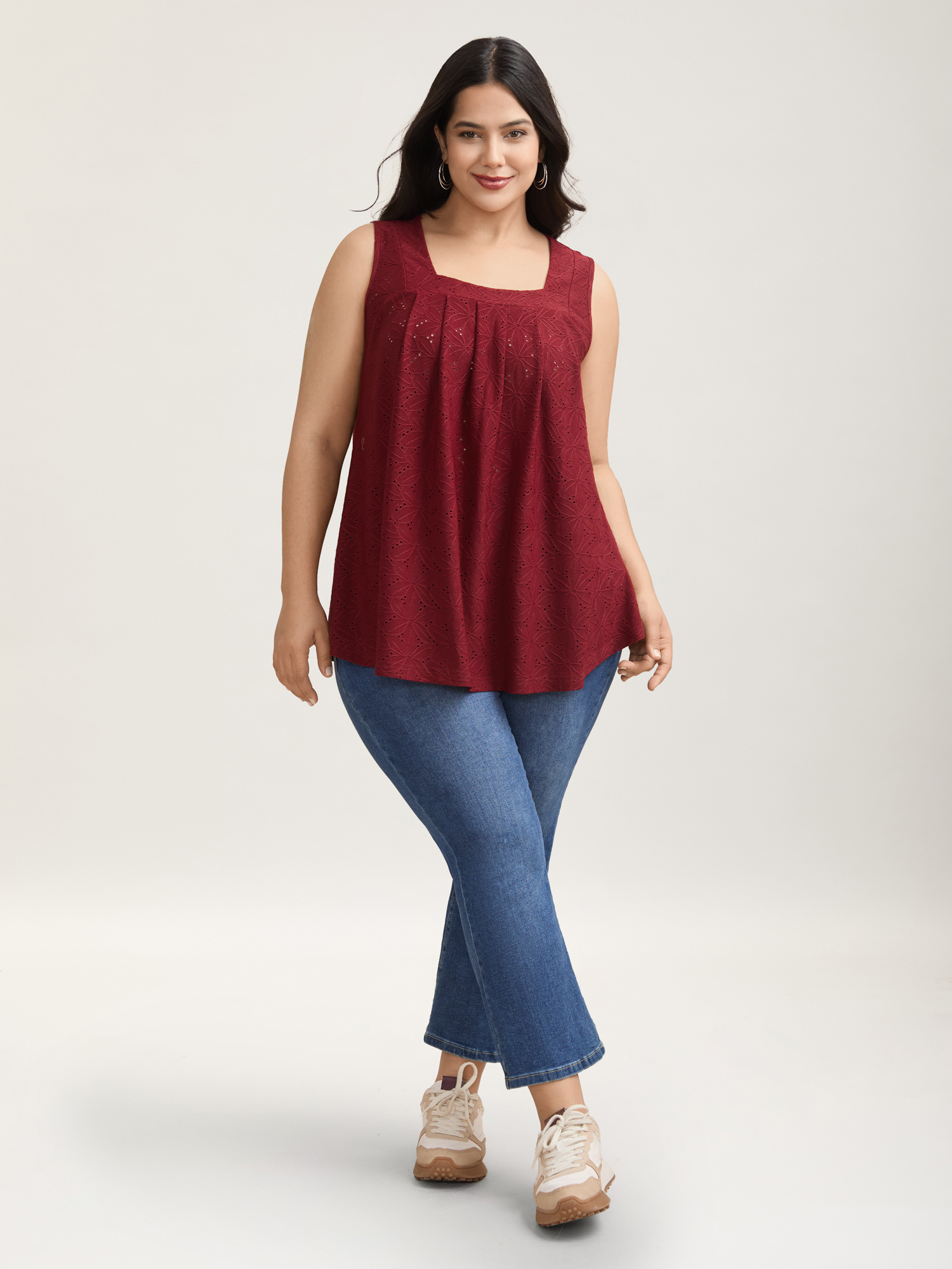 Plus Size Textured Stretchy Square Neck Pleated Vest Women Burgundy Casual Texture Square Neck Everyday Tank Tops Camis BloomChic 10/M 