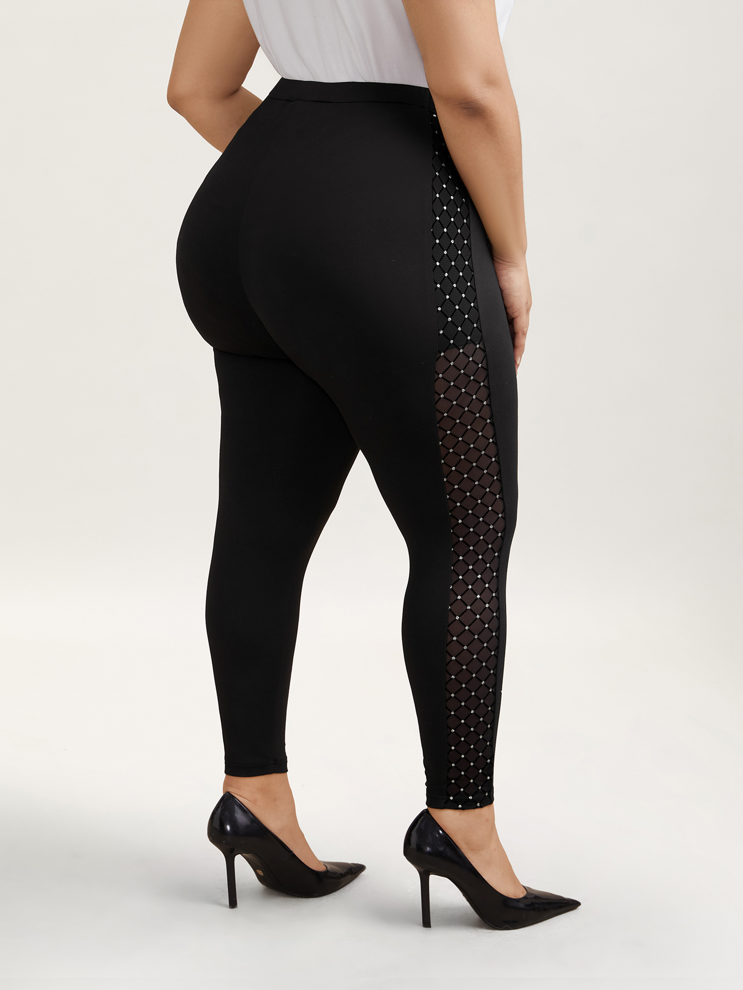 

Plus Size Mesh Spliced Skinny-Fit Leggings Women Black Elegant High stretch Skinny Mid Rise Everyday Leggings BloomChic