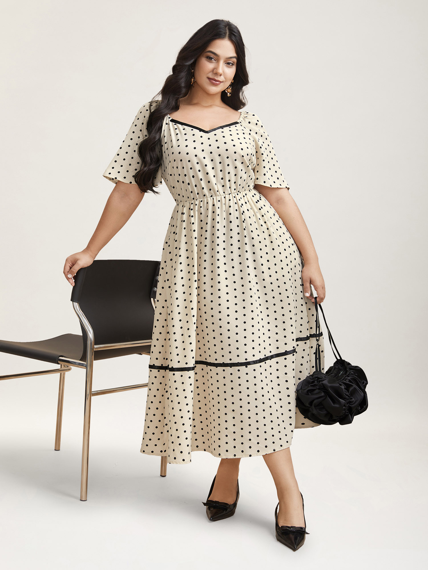 

Plus Size Dot Print Sweetheart Neck Tiered Maxi Dress Apricot Women Elegant Woven ribbon&lace trim Heart neckline Short sleeve Curvy BloomChic