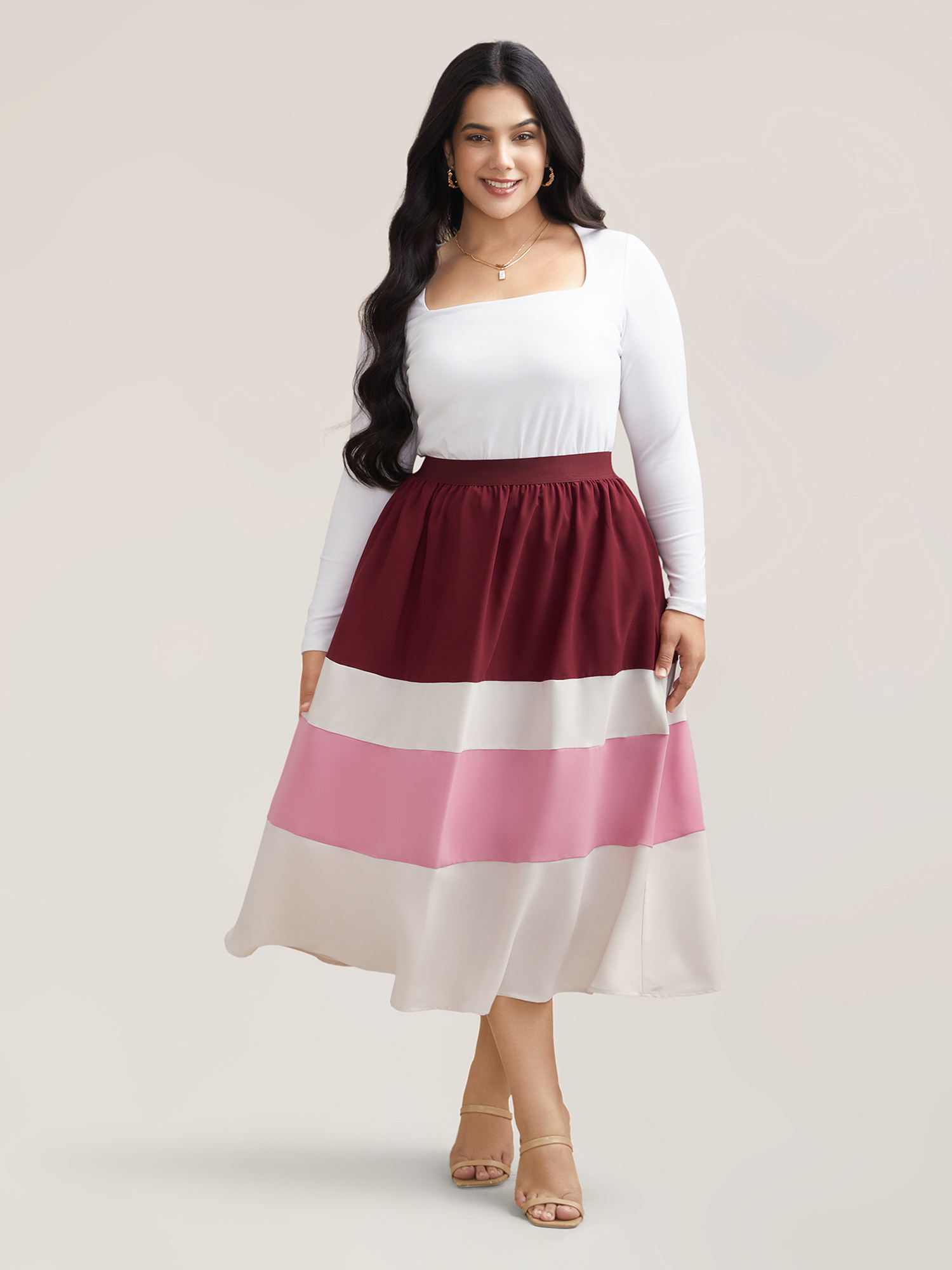 Plus Size Color Block Tiered Midi Skirt Women Scarlet Elegant Contrast Loose Low stretch Side seam pocket Everyday Skirts BloomChic 26/4X 