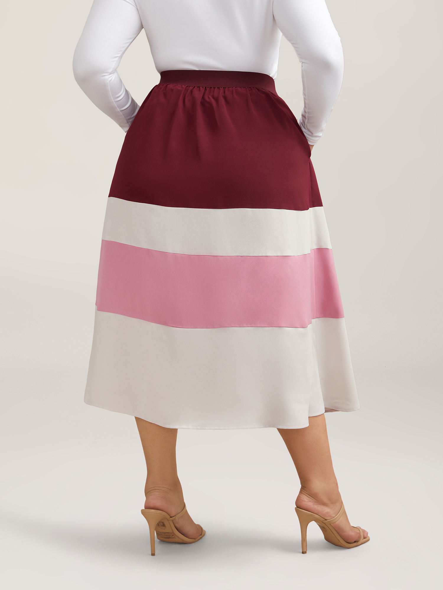 Plus Size Color Block Tiered Midi Skirt Women Scarlet Elegant Contrast Loose Low stretch Side seam pocket Everyday Skirts BloomChic 26/4X 