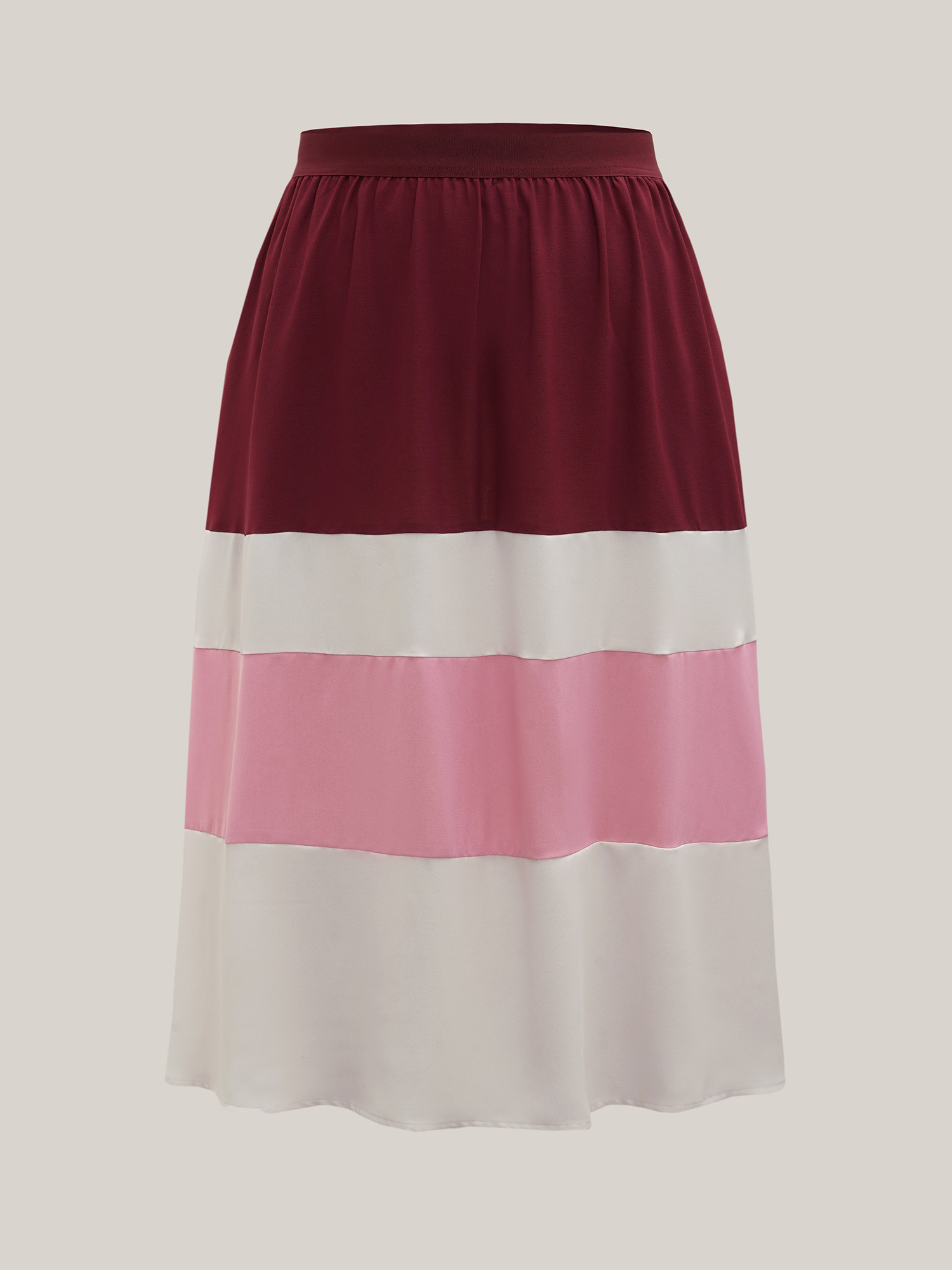 Plus Size Color Block Tiered Midi Skirt Women Scarlet Elegant Contrast Loose Low stretch Side seam pocket Everyday Skirts BloomChic 26/4X 