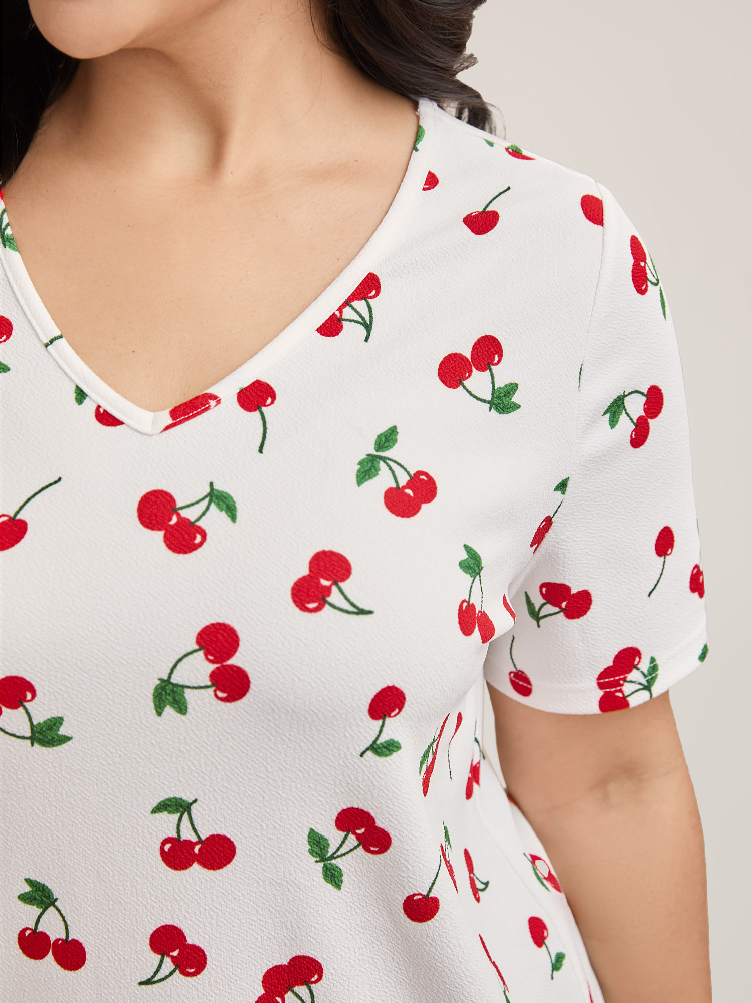 Plus Size Cherry Print Stretchy V-Neck T-Shirt WhiteSmoke Women Casual Non Fruit V-neck Everyday T-shirts BloomChic 28/5X 