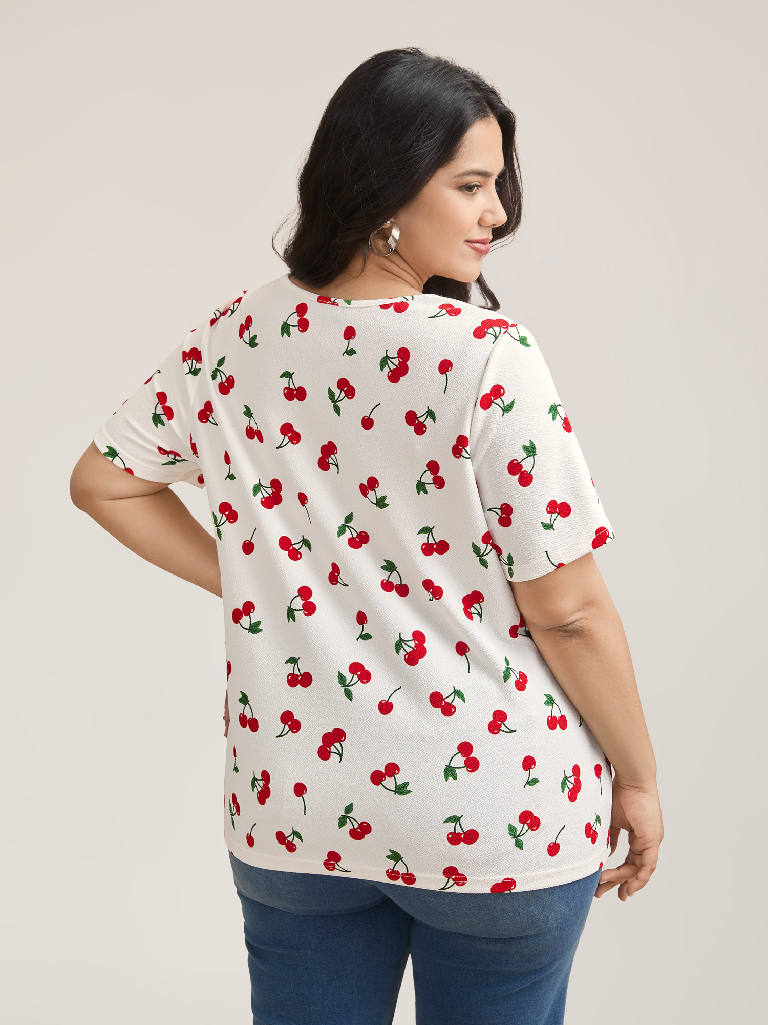 Plus Size Cherry Print Stretchy V-Neck T-Shirt WhiteSmoke Women Casual Non Fruit V-neck Everyday T-shirts BloomChic 28/5X 