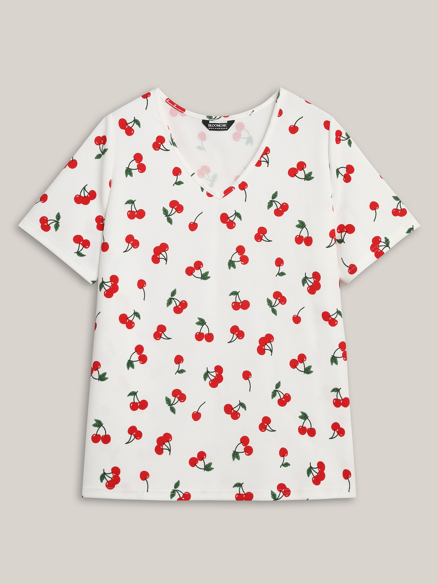 Plus Size Cherry Print Stretchy V-Neck T-Shirt WhiteSmoke Women Casual Non Fruit V-neck Everyday T-shirts BloomChic 28/5X 