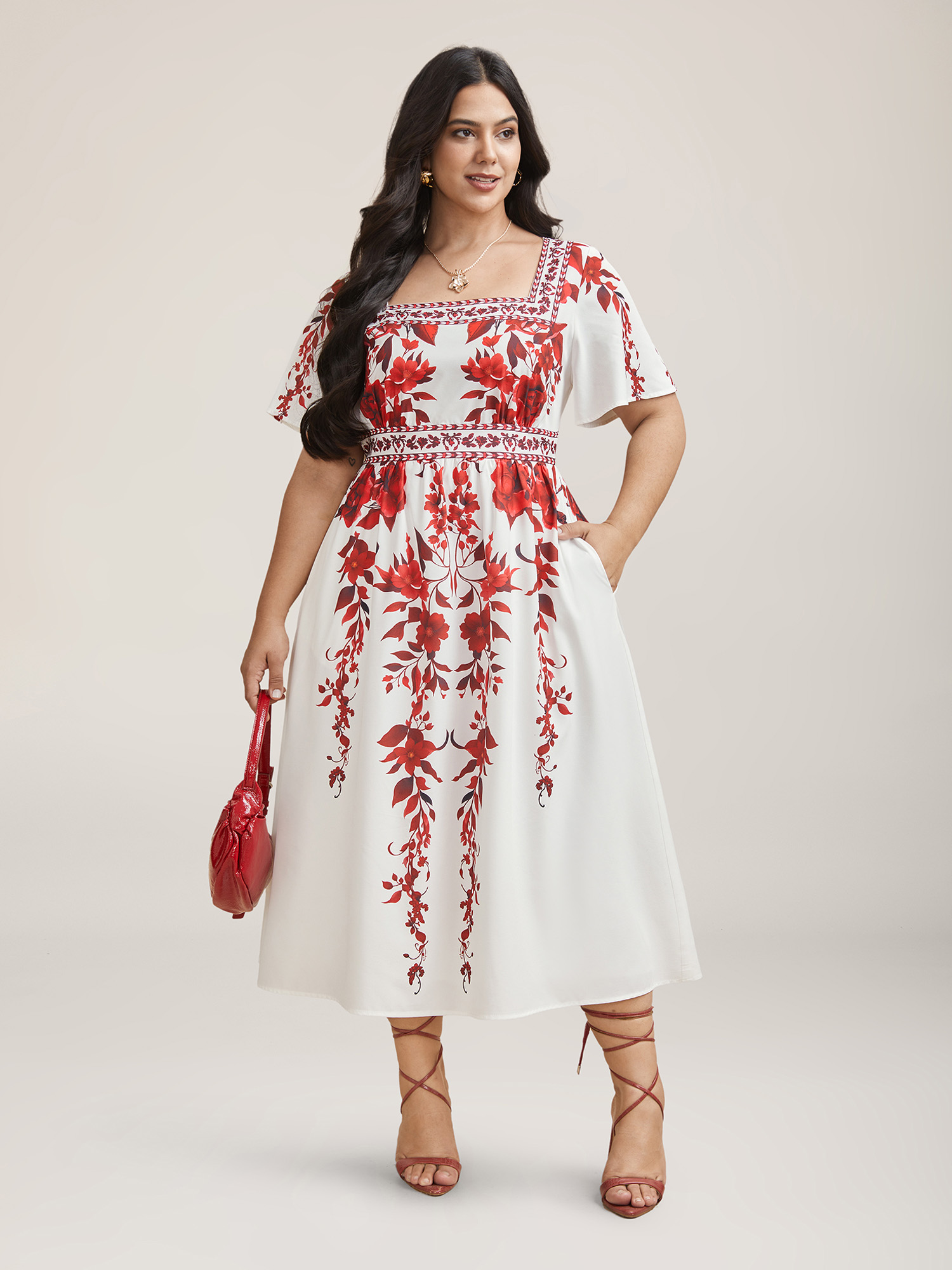 Plus Size Bohemian Floral Print Stretchy Waist Maxi Dress Originalwhite Women Elegant Non Square Neck Short sleeve Curvy BloomChic 14-16/1X 