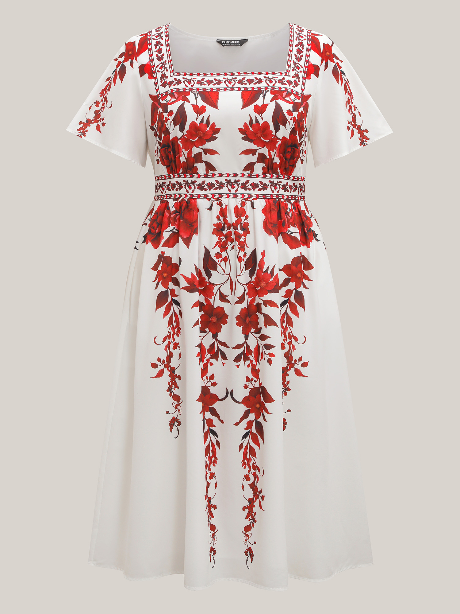 Plus Size Bohemian Floral Print Stretchy Waist Maxi Dress Originalwhite Women Elegant Non Square Neck Short sleeve Curvy BloomChic 14-16/1X 