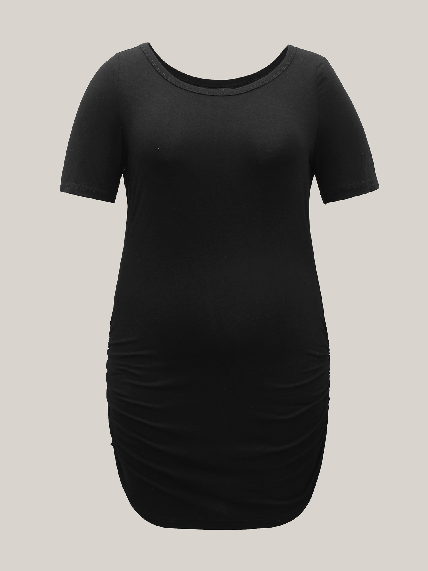 Plus Size Stretchy Ruched Fitted Long T-Shirt Black Women Casual Gathered Round Neck Bodycon Everyday T-shirts BloomChic 26/4X 