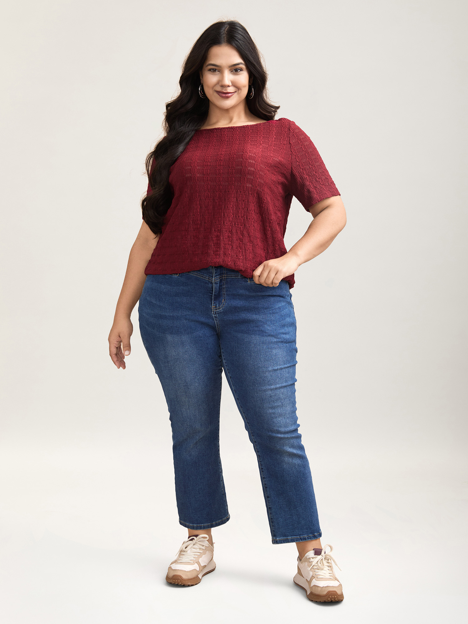 Plus Size Textured Back Lace Cut-Out Stretchy T-Shirt Burgundy Women Casual Texture Boat Neck Everyday T-shirts BloomChic 18-20/2X 