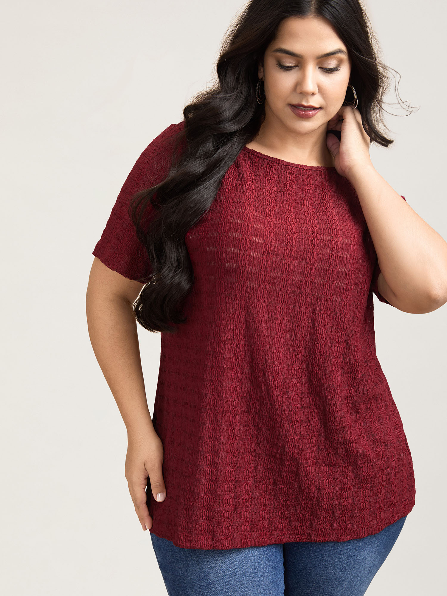 Plus Size Textured Back Lace Cut-Out Stretchy T-Shirt Burgundy Women Casual Texture Boat Neck Everyday T-shirts BloomChic 18-20/2X 