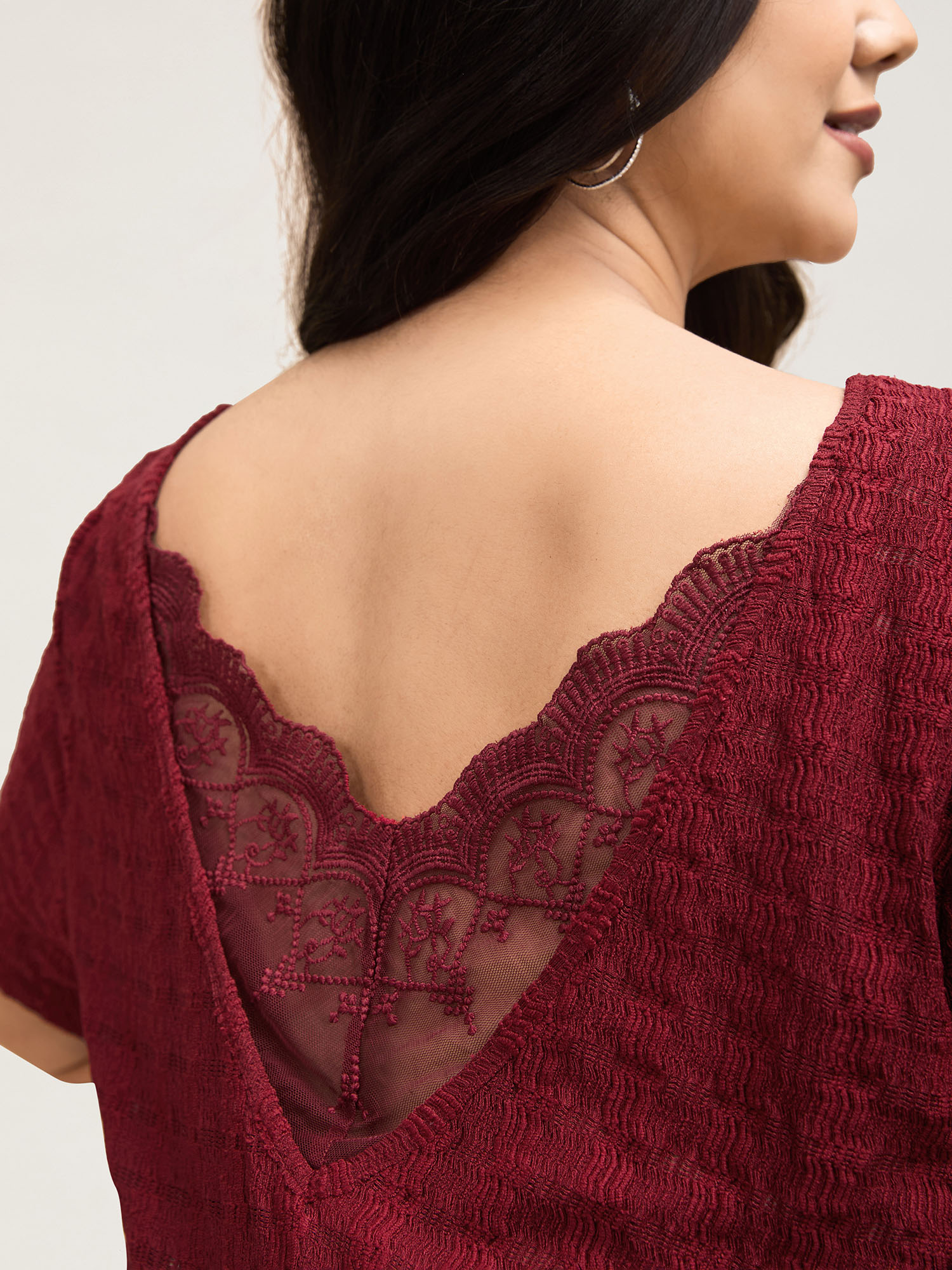 Plus Size Textured Back Lace Cut-Out Stretchy T-Shirt Burgundy Women Casual Texture Boat Neck Everyday T-shirts BloomChic 18-20/2X 