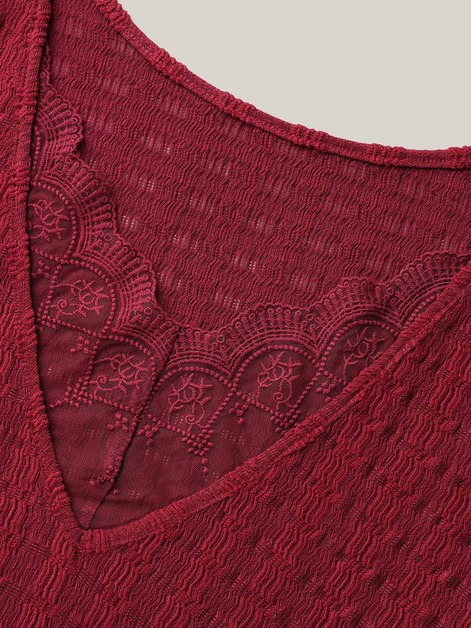 Plus Size Textured Back Lace Cut-Out Stretchy T-Shirt Burgundy Women Casual Texture Boat Neck Everyday T-shirts BloomChic 18-20/2X 