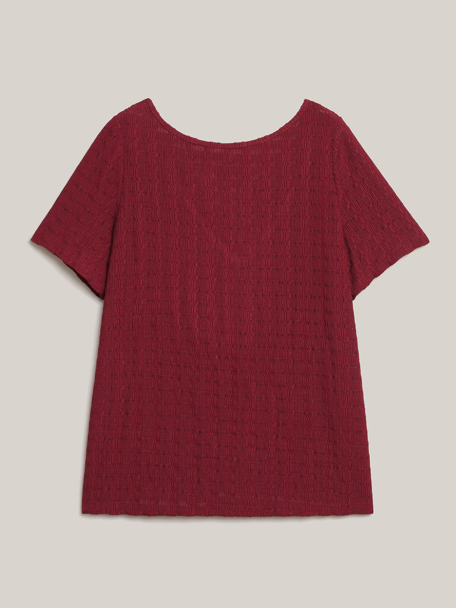 

Plus Size Textured Back Lace Cut-Out Stretchy T-Shirt Burgundy Women Casual Texture Boat Neck Everyday T-shirts BloomChic