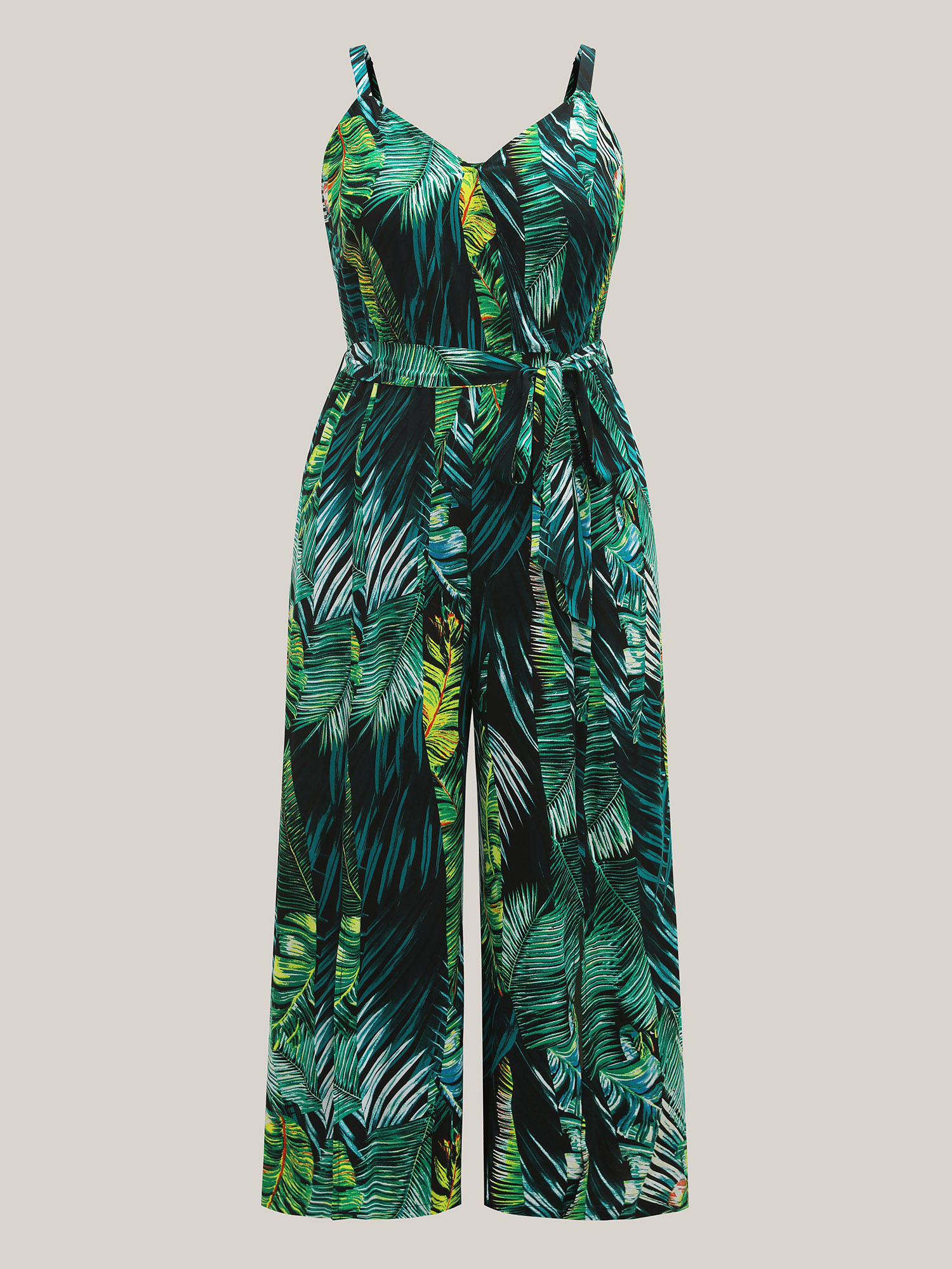 Plus Size BlackFlower Tropical Leaf Print Stretchy Belted Slit Jumpsuit Women Resort Sleeveless Overlap Collar Vacation Loose Jumpsuits BloomChic 28/5X 