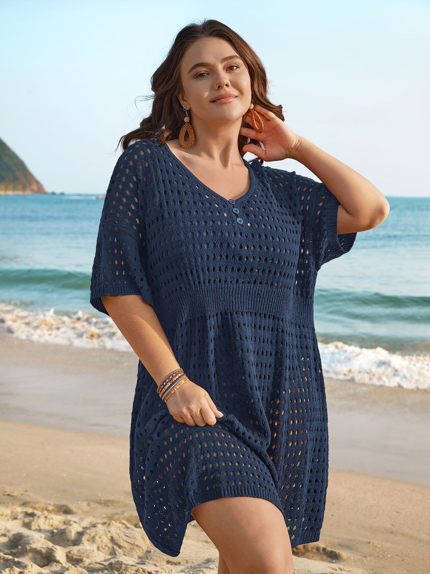 

Plus Size Cut-Out Waist-Cinched Button Swim Cover-Up Women's Swimwear Indigo Beach Loose Cut-Out Curve Swim Cover Ups BloomChic