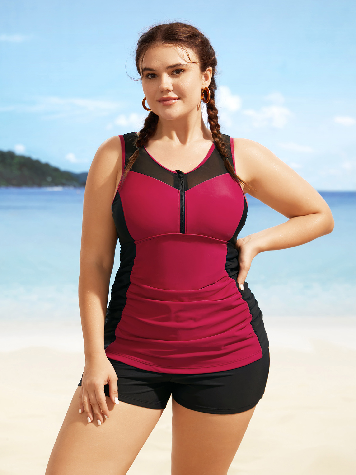 

Plus Size Contrast Patchwork Gathered Half Zip Swim Top Women's Swimwear Scarlet Beach Gathered High stretch Skinny Round Neck Curve Swim Tops BloomChic