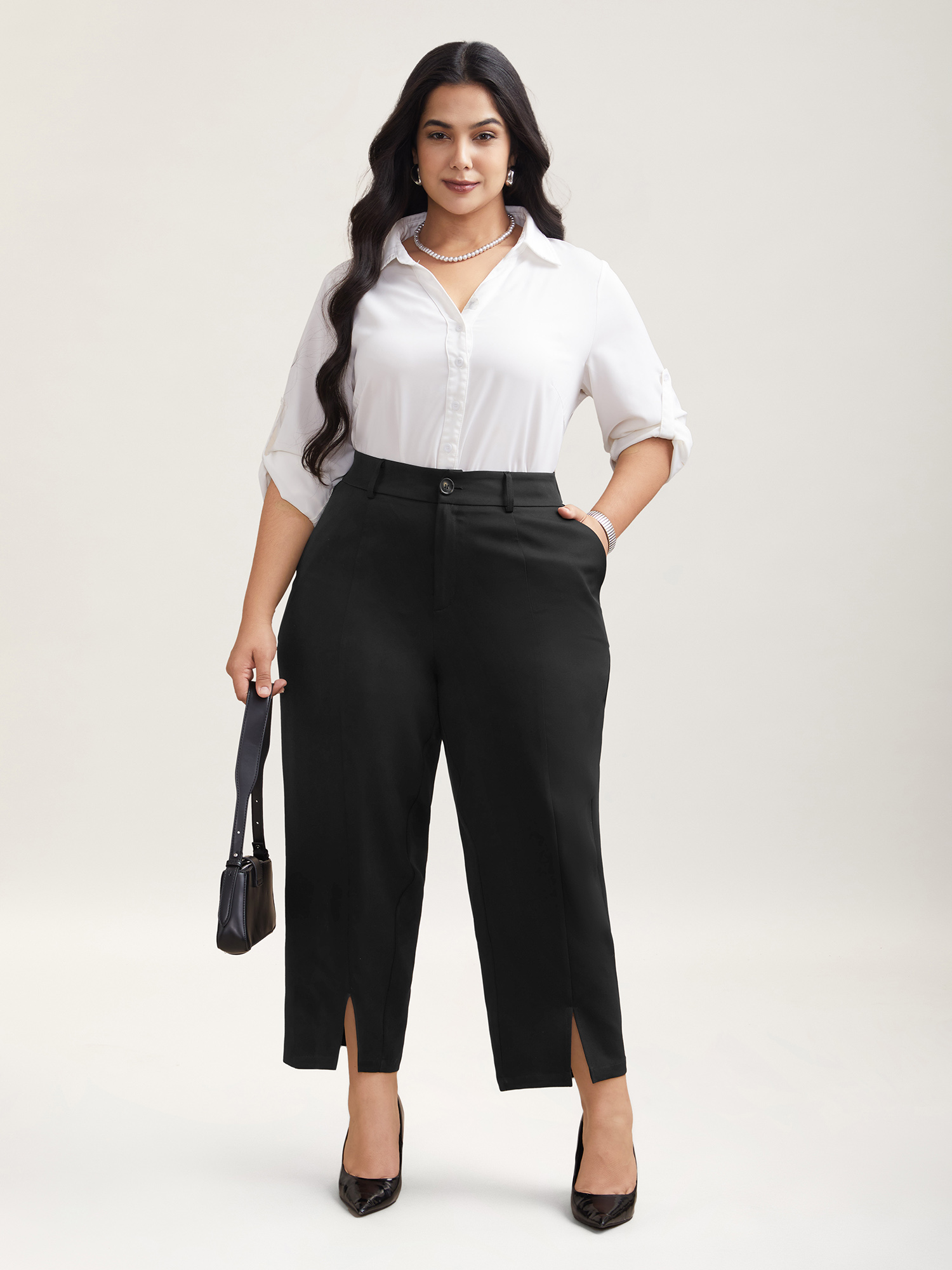 Plus Size Pleated Loop Straight-Leg Pants Women Black At the Office Straight Leg Mid Rise Work Pants BloomChic 28/5X 