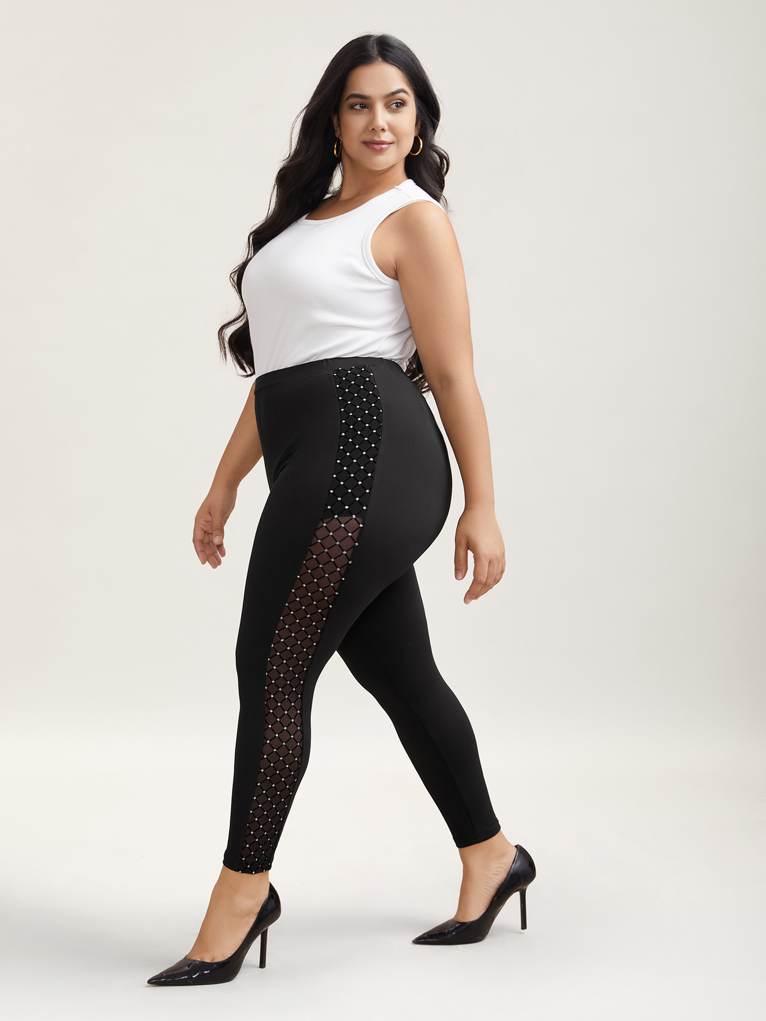 Plus Size Mesh Spliced Skinny-Fit Leggings Women Black Elegant High stretch Skinny Mid Rise Everyday Leggings BloomChic 10/M 
