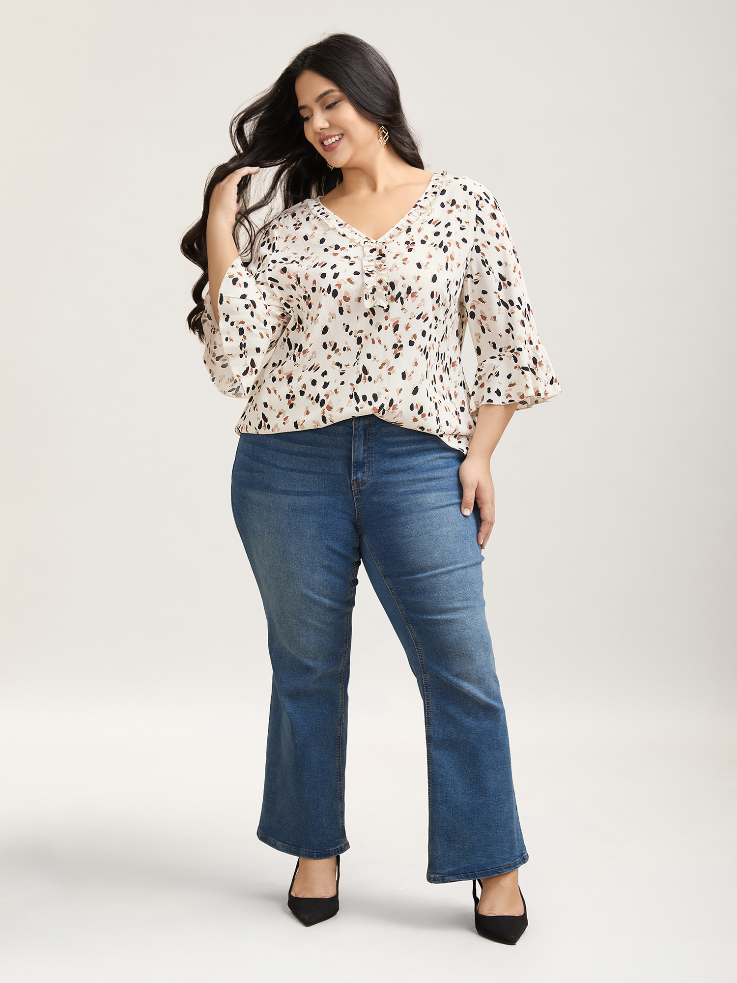 

Plus Size Ivory Leopard Print Ruffled Detail Shirt Women Elegant Elbow-length sleeve V-neck Everyday Blouses BloomChic