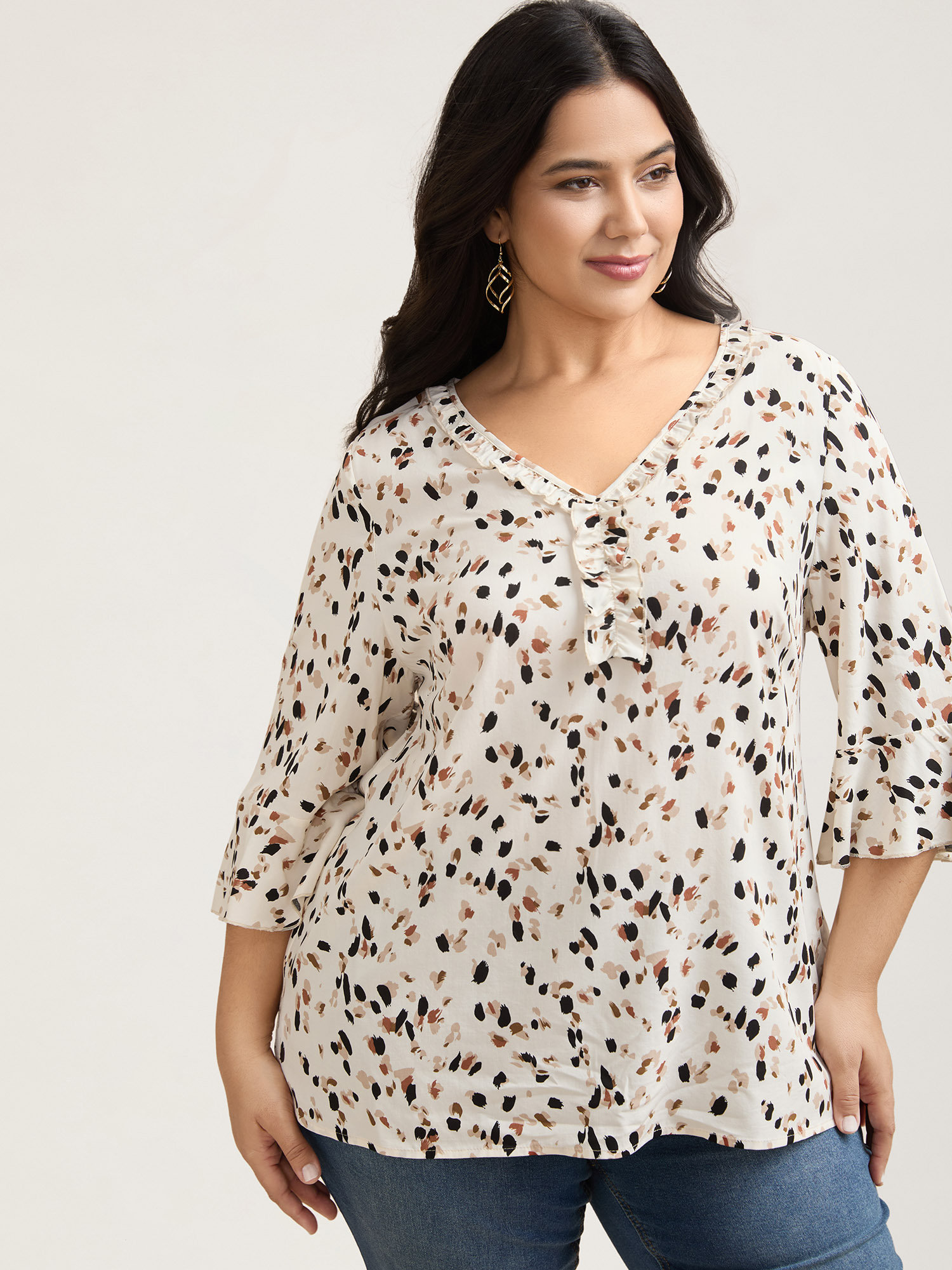 Plus Size Ivory Leopard Print Ruffled Detail Shirt Women Elegant Elbow-length sleeve V-neck Everyday Blouses BloomChic 22-24/3X 