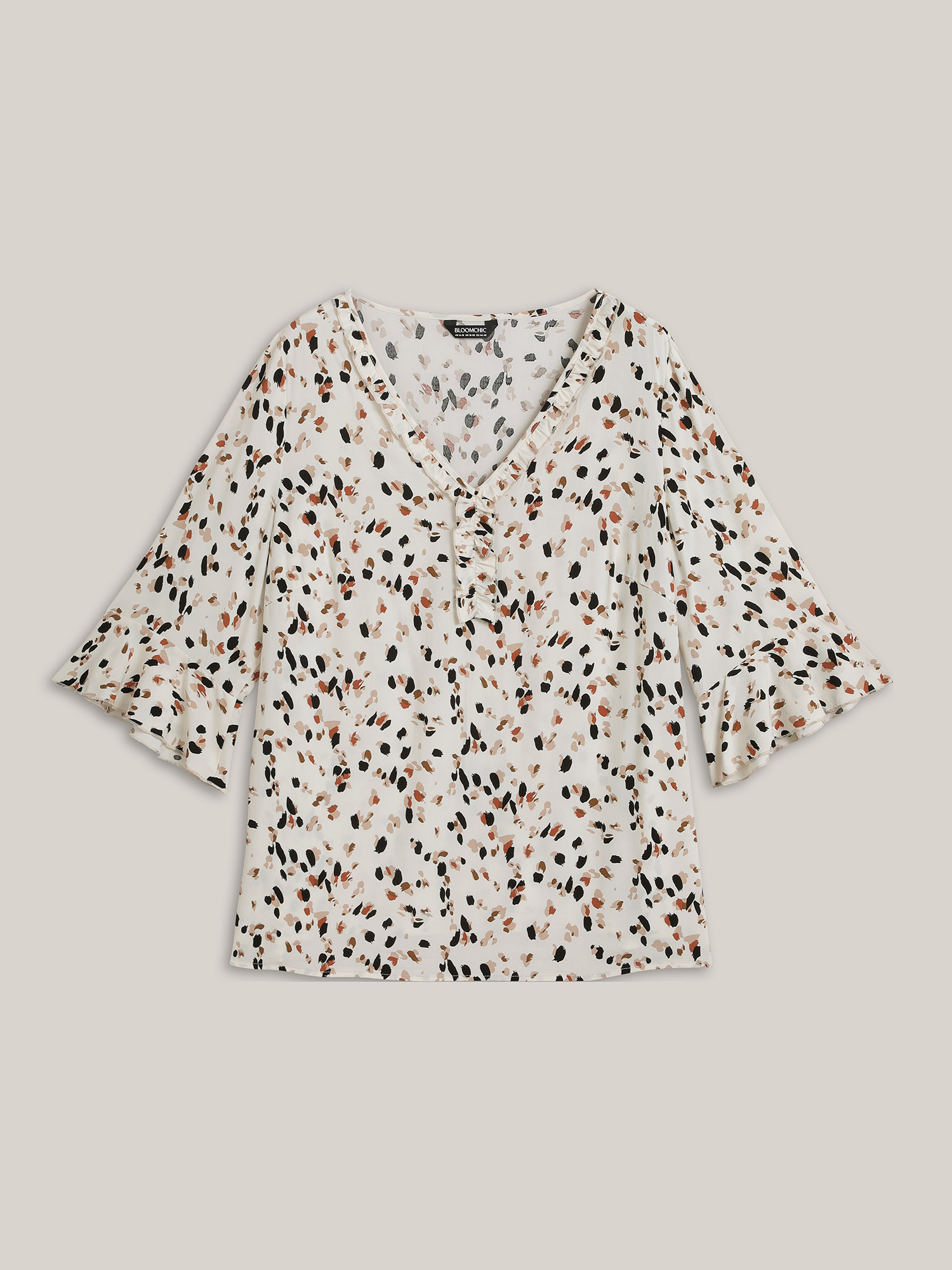 Plus Size Ivory Leopard Print Ruffled Detail Shirt Women Elegant Elbow-length sleeve V-neck Everyday Blouses BloomChic 22-24/3X 