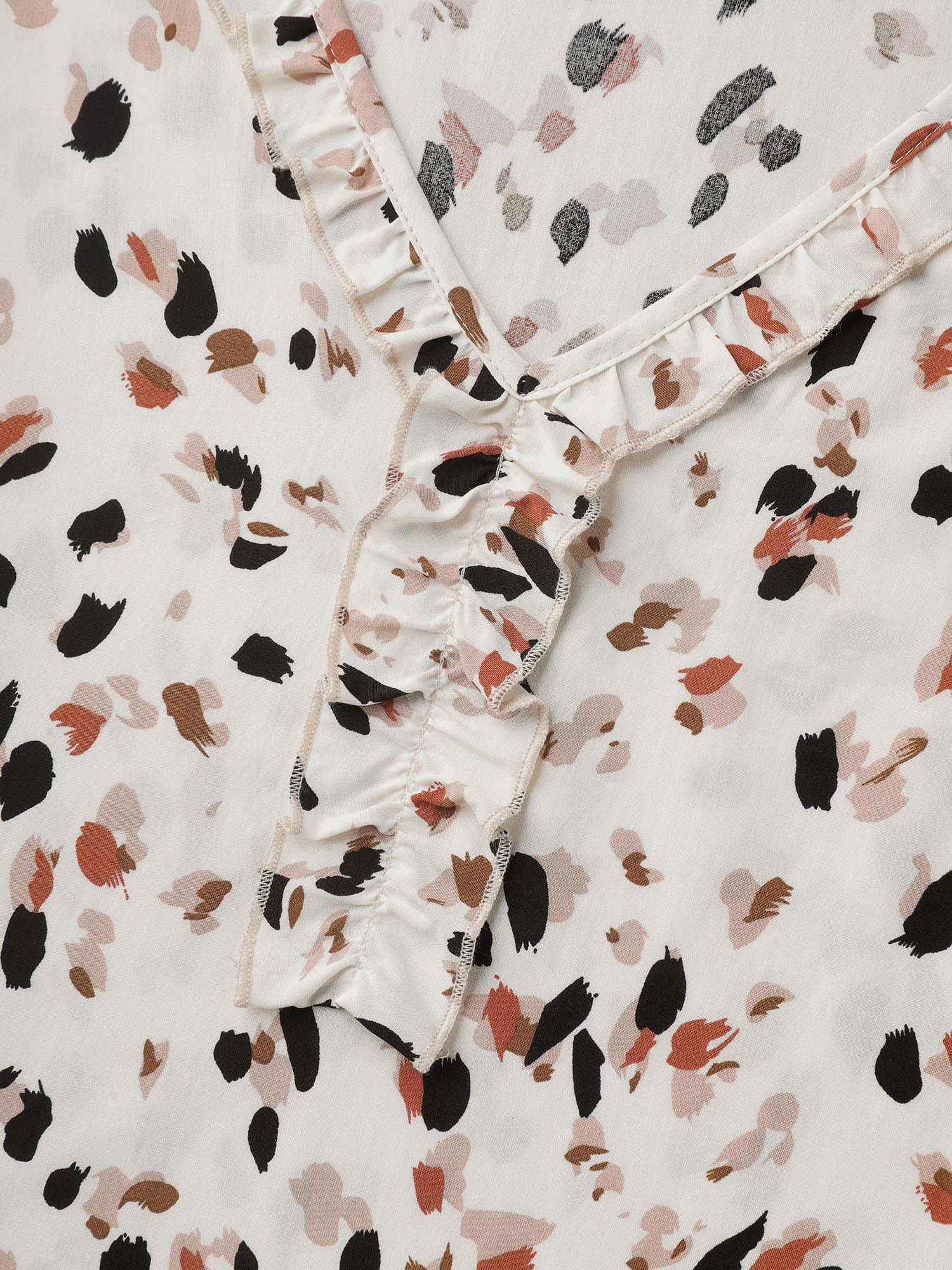 Plus Size Ivory Leopard Print Ruffled Detail Shirt Women Elegant Elbow-length sleeve V-neck Everyday Blouses BloomChic 22-24/3X 