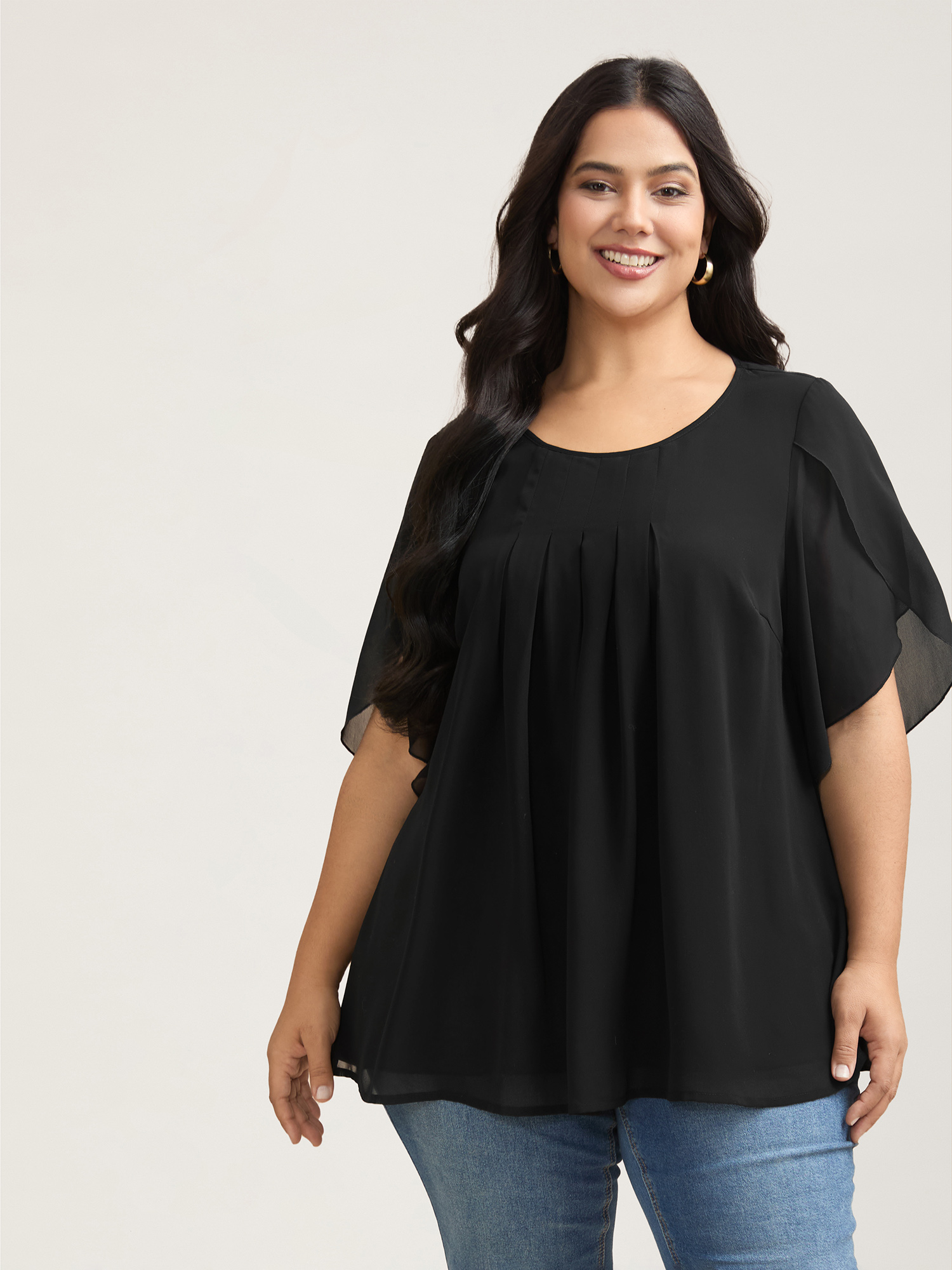 Plus Size Black Petal Sleeve Pleated Sheer Shirt Women Elegant Elbow-length sleeve Round Neck Everyday Blouses BloomChic 12/L 