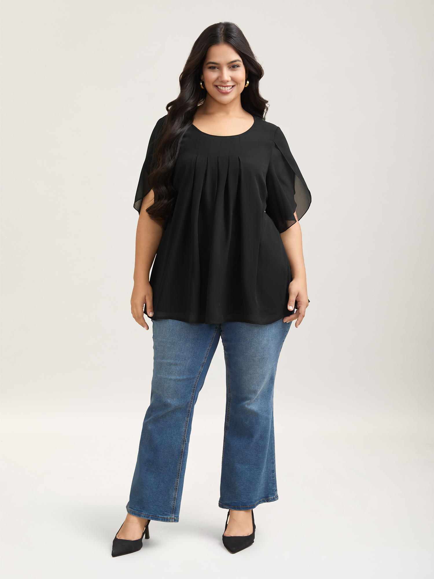 

Plus Size Black Petal Sleeve Pleated Sheer Shirt Women Elegant Elbow-length sleeve Round Neck Everyday Blouses BloomChic