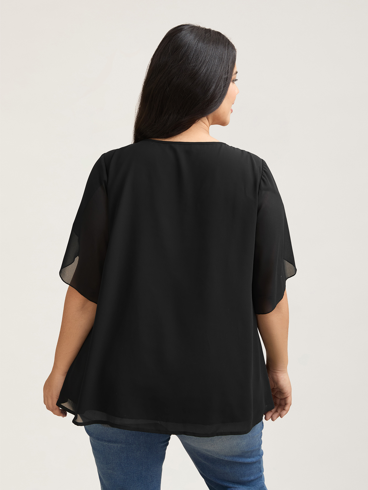 Plus Size Black Petal Sleeve Pleated Sheer Shirt Women Elegant Elbow-length sleeve Round Neck Everyday Blouses BloomChic 12/L 