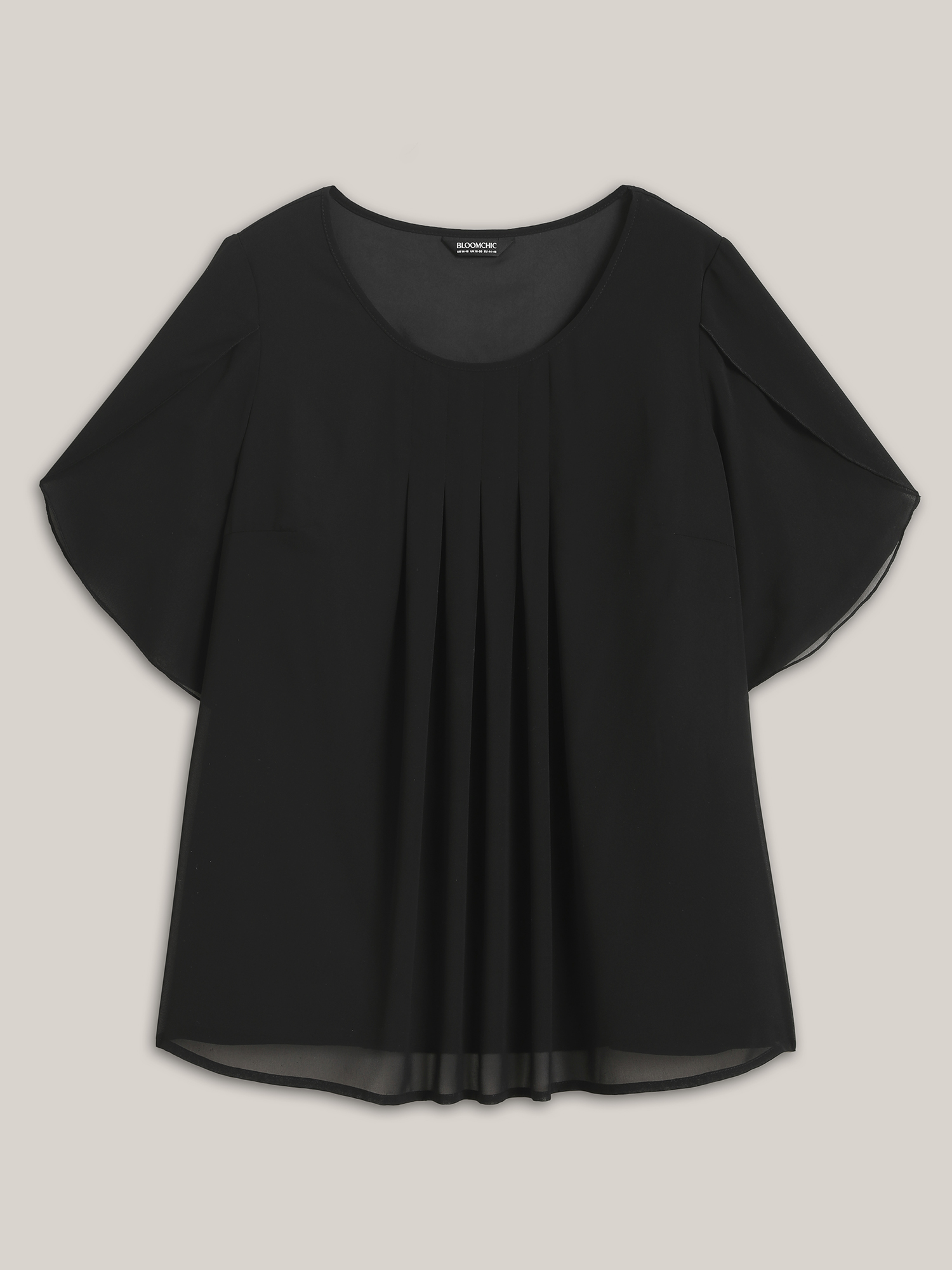 Plus Size Black Petal Sleeve Pleated Sheer Shirt Women Elegant Elbow-length sleeve Round Neck Everyday Blouses BloomChic 12/L 