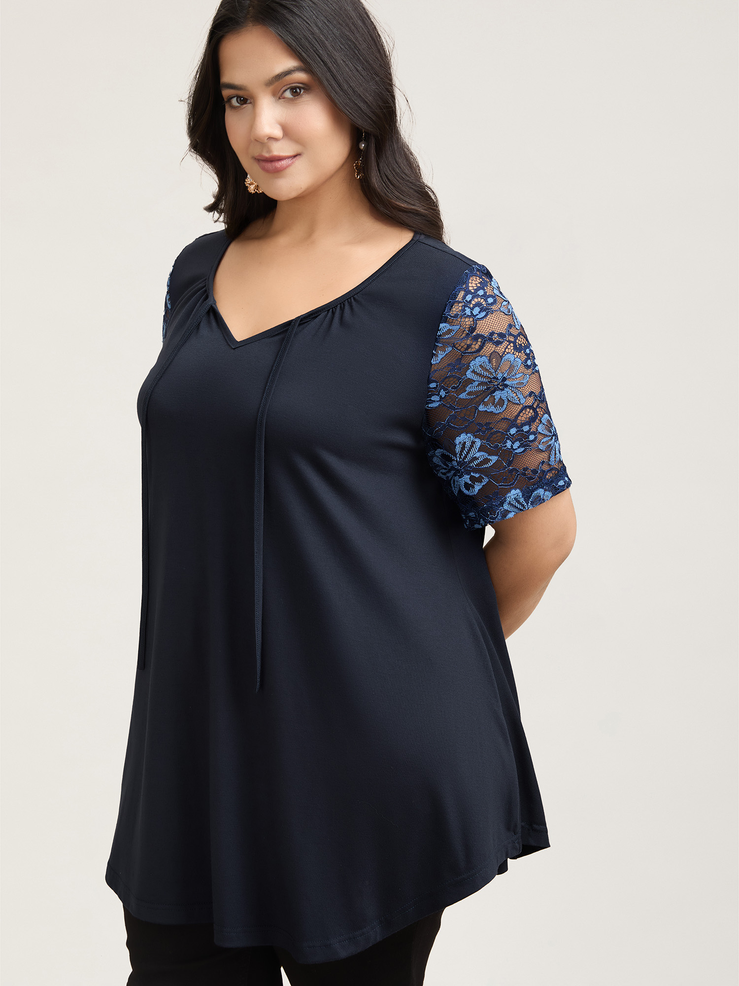 

Plus Size Dual-Tone Lace Neck Tie Relaxed T-Shirt Indigo Women Elegant Tie knot V-neck Loose Everyday T-shirts BloomChic