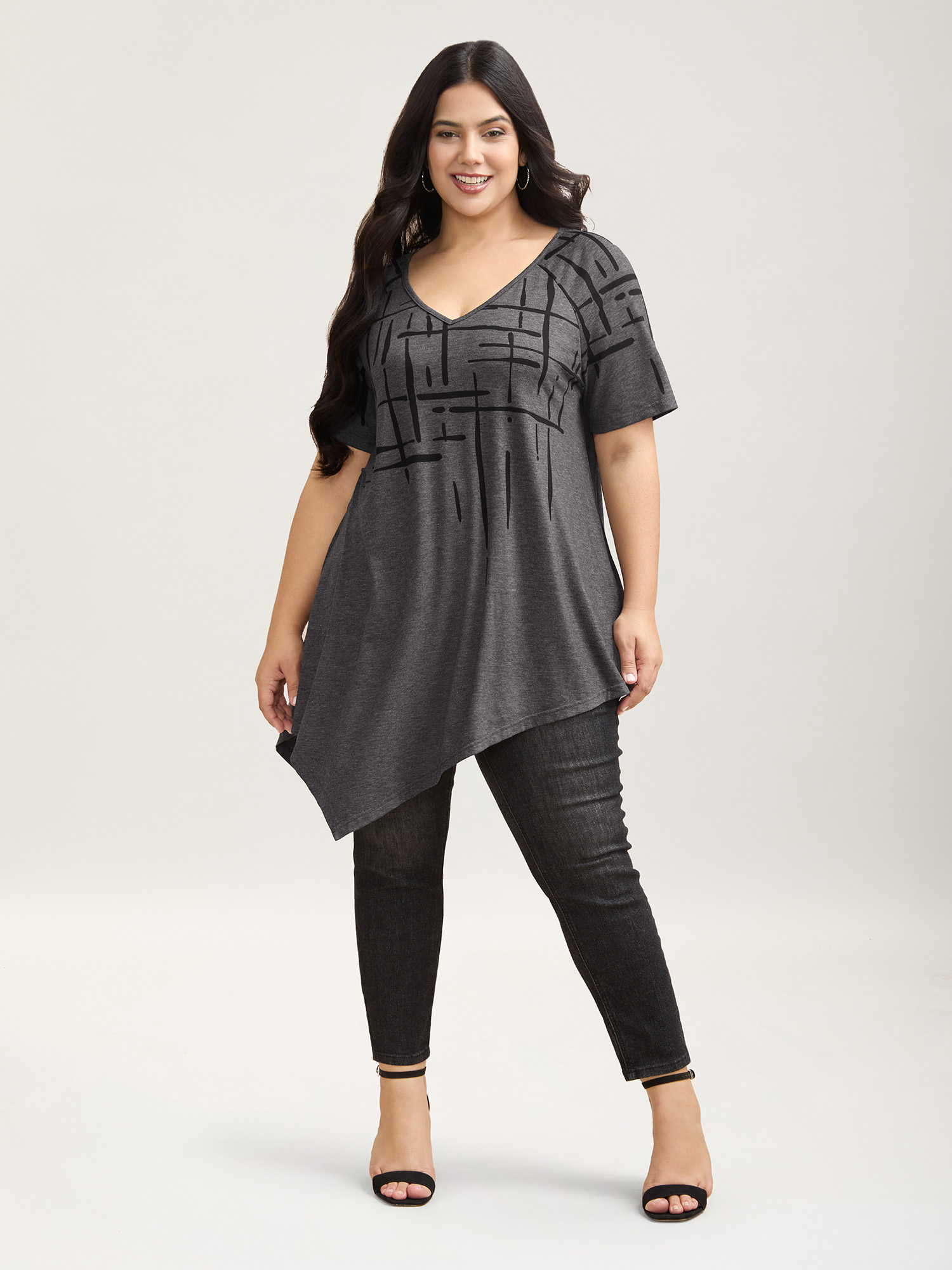 Plus Size Geometric Print V-Neck Hi-Low Hem T-Shirt DarkGray Women Casual Asymmetrical V-neck Loose Everyday T-shirts BloomChic 14-16/1X 