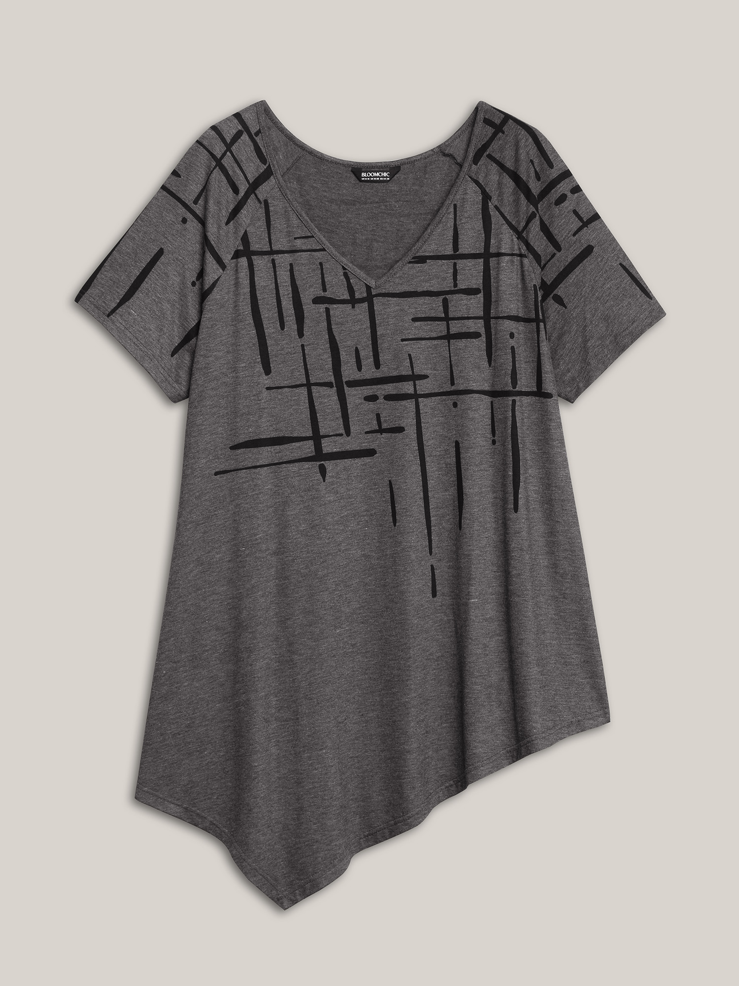 Plus Size Geometric Print V-Neck Hi-Low Hem T-Shirt DarkGray Women Casual Asymmetrical V-neck Loose Everyday T-shirts BloomChic 14-16/1X 