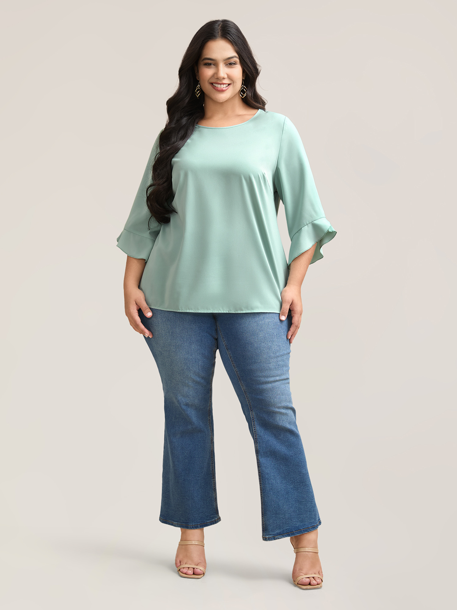 Plus Size Greenbean Lotus Leaf Sleeve Round Neck Shirt Women Elegant Elbow-length sleeve Round Neck Everyday Blouses BloomChic 26/4X 