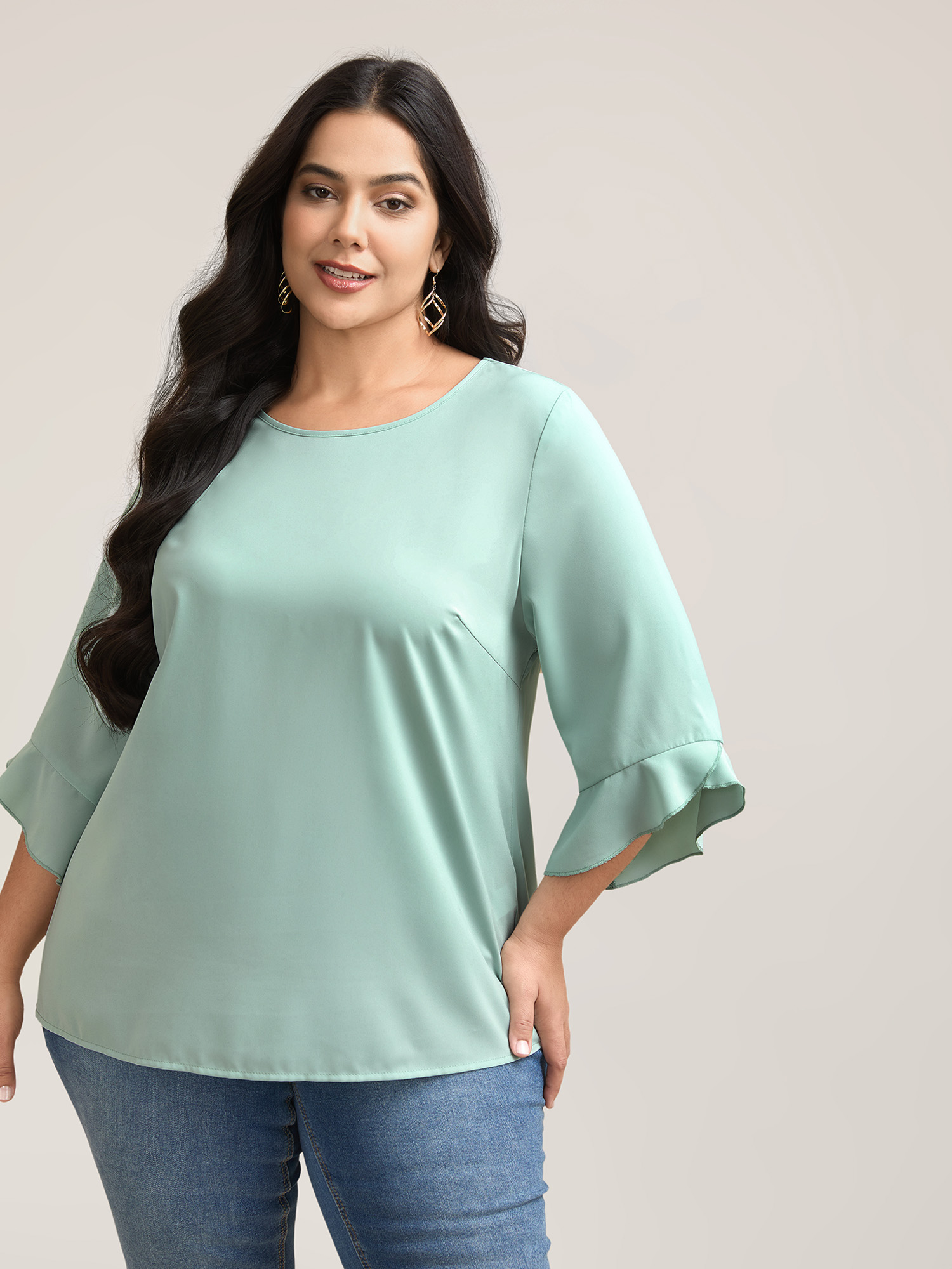 Plus Size Greenbean Lotus Leaf Sleeve Round Neck Shirt Women Elegant Elbow-length sleeve Round Neck Everyday Blouses BloomChic 26/4X 