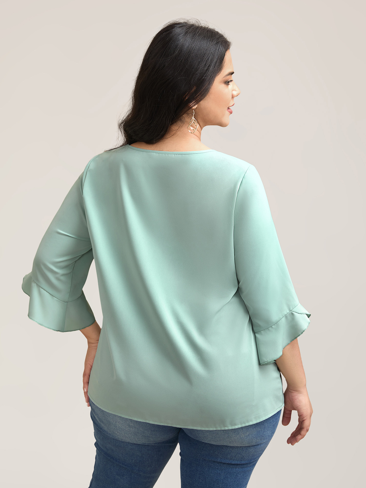 Plus Size Greenbean Lotus Leaf Sleeve Round Neck Shirt Women Elegant Elbow-length sleeve Round Neck Everyday Blouses BloomChic 26/4X 