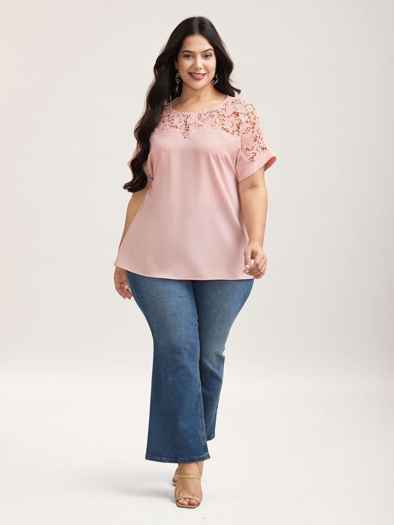 

Plus Size Nudepink Sheer Lace Neck Half Sleeve Shirt Women Elegant Short sleeve Round Neck Everyday Blouses BloomChic