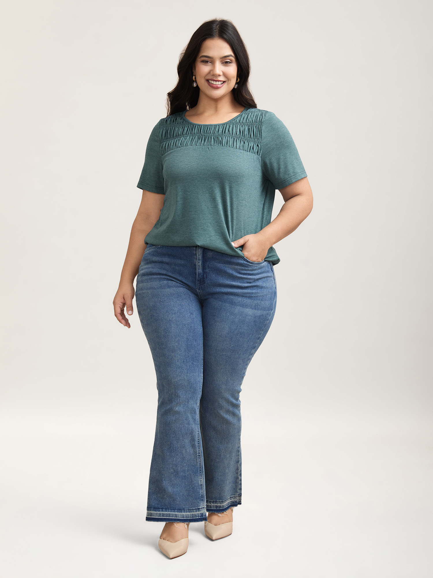 Plus Size Shirred Detail Round Neck T-Shirt Cyan Women Elegant Shirred Round Neck Everyday T-shirts BloomChic 22-24/3X 