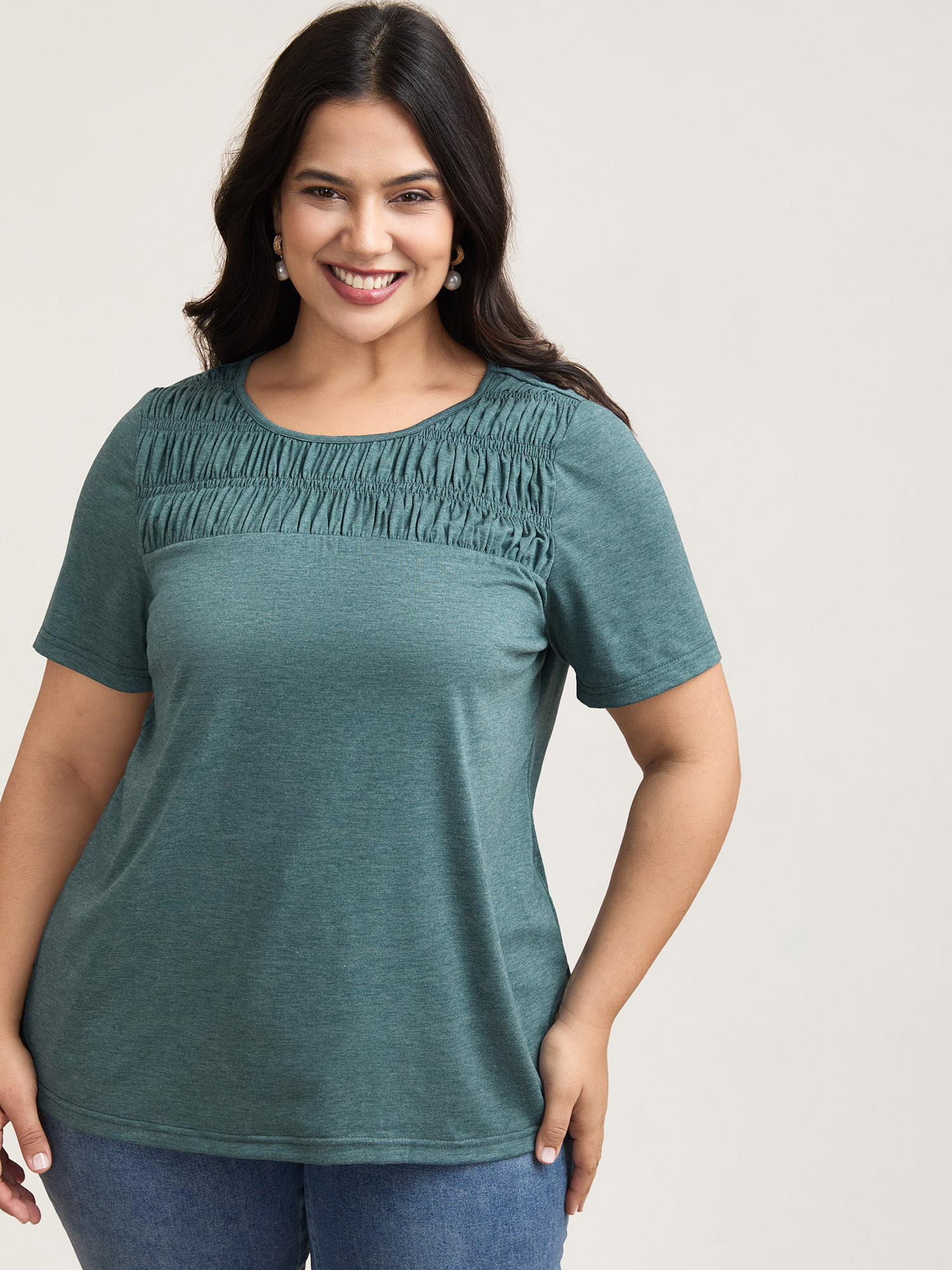 Plus Size Shirred Detail Round Neck T-Shirt Cyan Women Elegant Shirred Round Neck Everyday T-shirts BloomChic 22-24/3X 