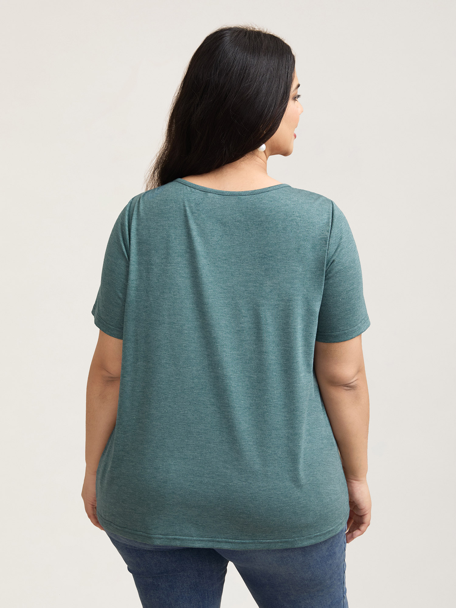 Plus Size Shirred Detail Round Neck T-Shirt Cyan Women Elegant Shirred Round Neck Everyday T-shirts BloomChic 22-24/3X 