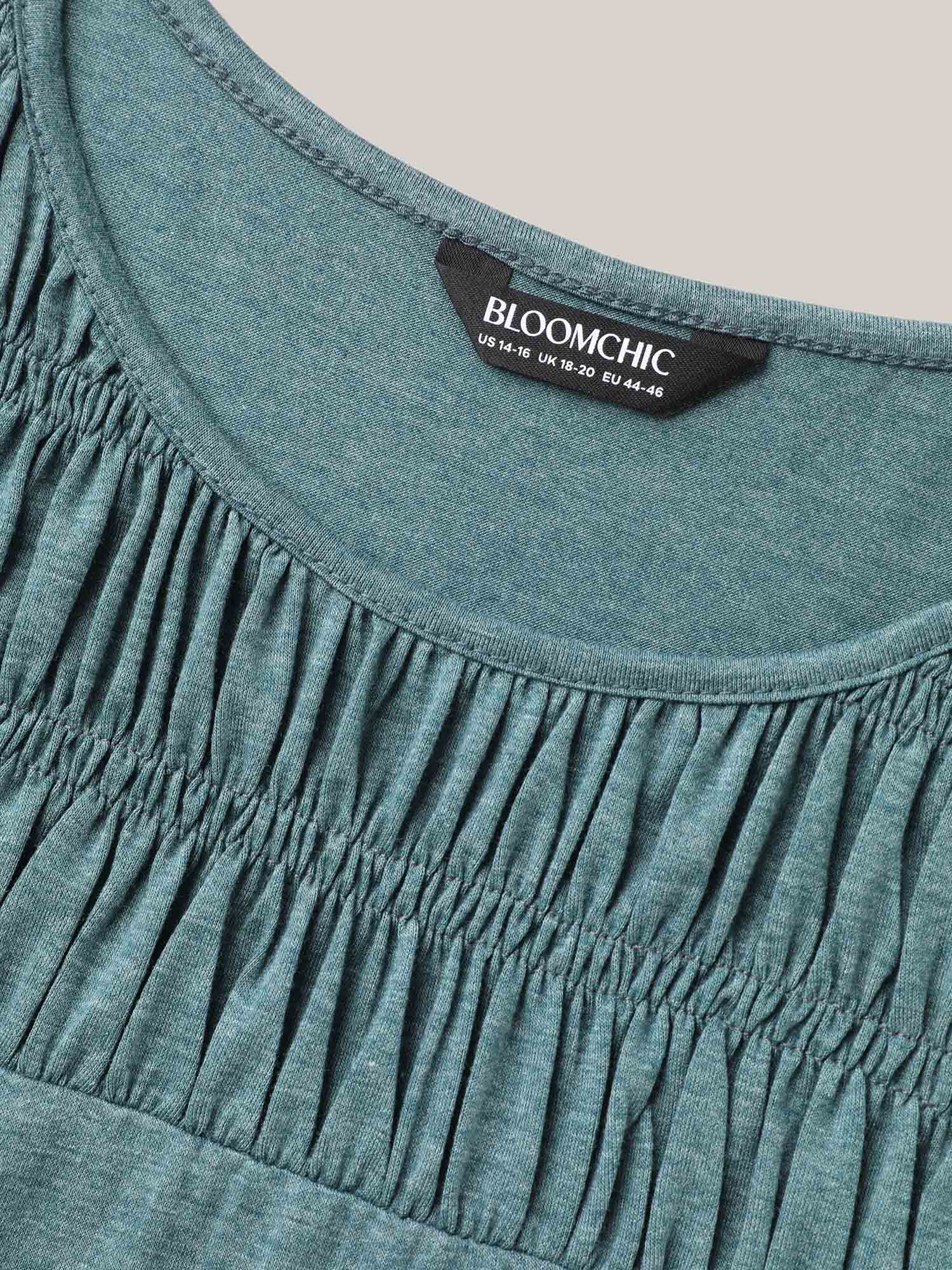 Plus Size Shirred Detail Round Neck T-Shirt Cyan Women Elegant Shirred Round Neck Everyday T-shirts BloomChic 22-24/3X 
