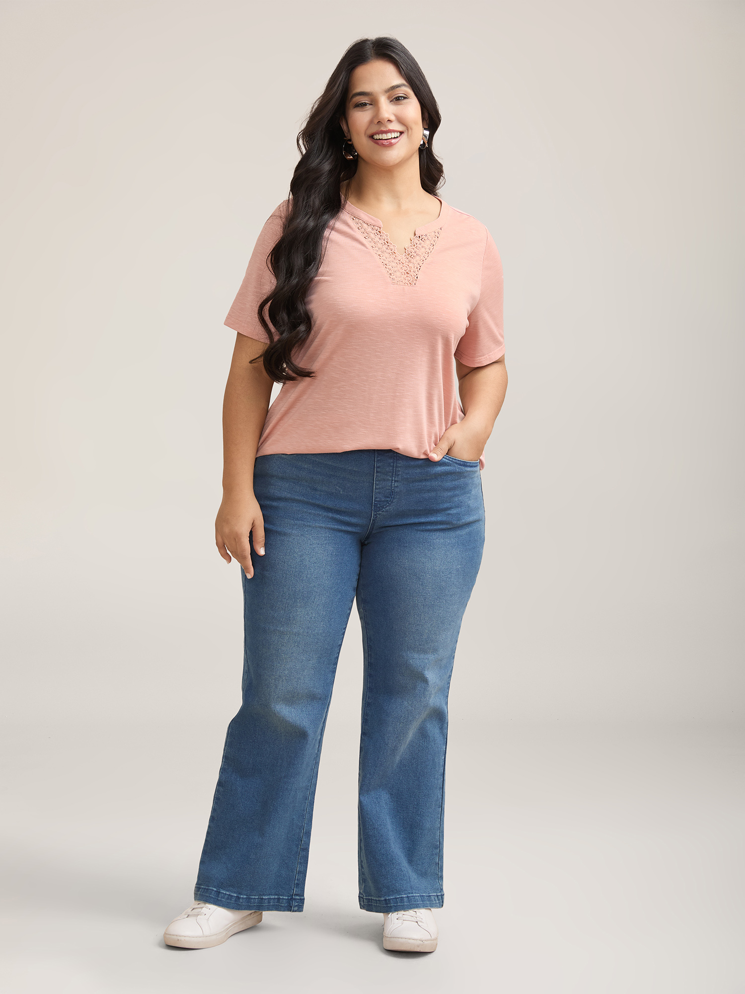 Plus Size Lace Detail Notched Collar Fitted T-Shirt Crepe Women Casual Patchwork Flat collar with V-notch Everyday T-shirts BloomChic 10/M 